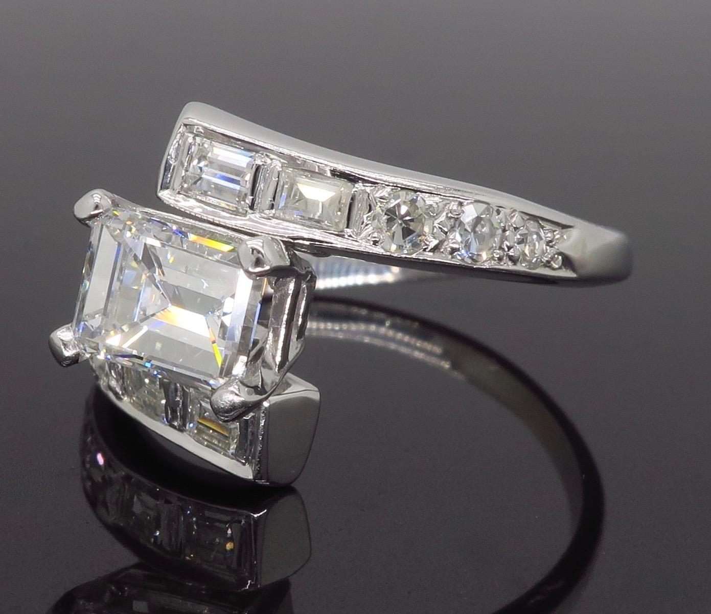 Women's or Men's Vintage Emerald Cut Diamond Bypass Ring
