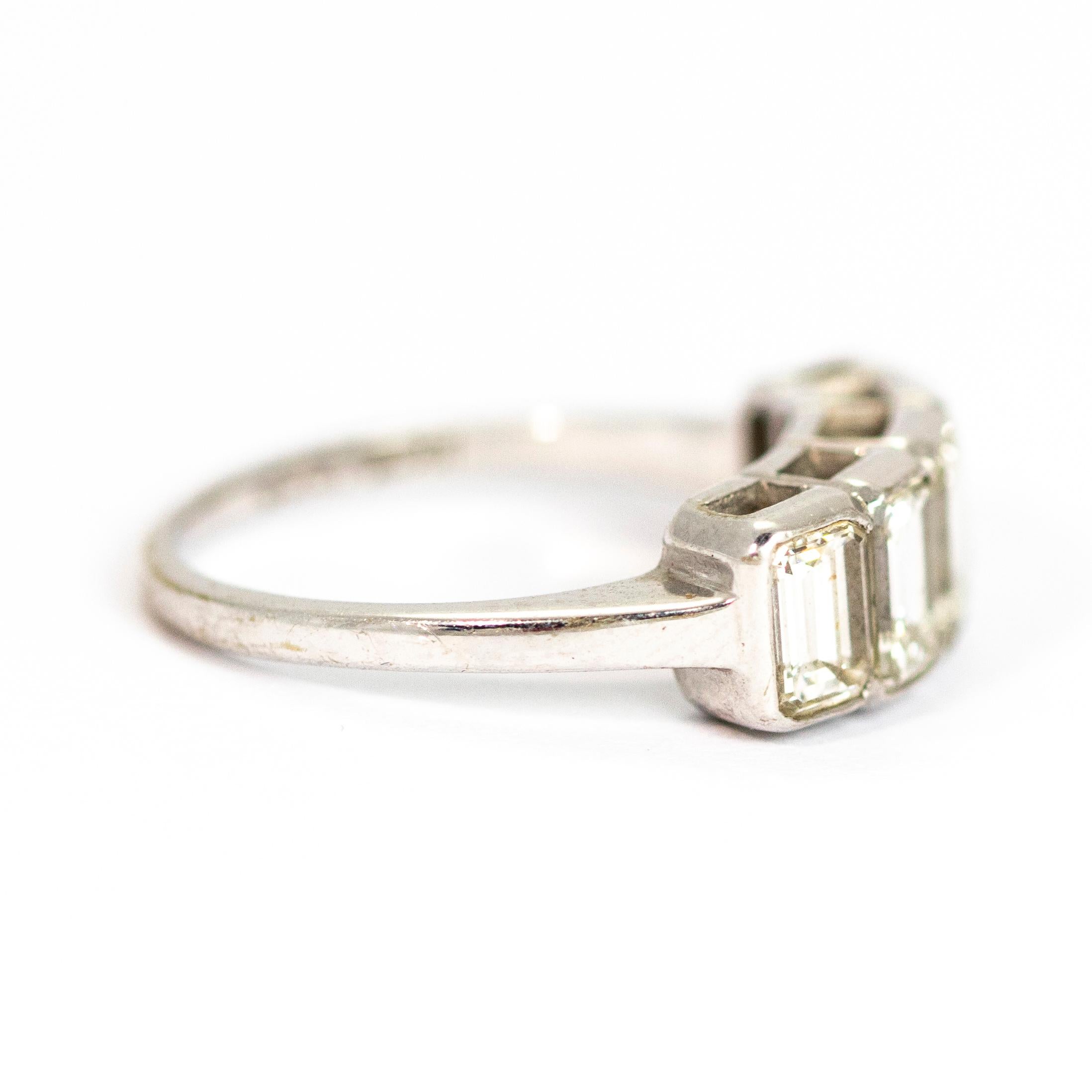 Women's or Men's Vintage Emerald Cut Diamond Five-Stone 18 Carat White Gold Band 