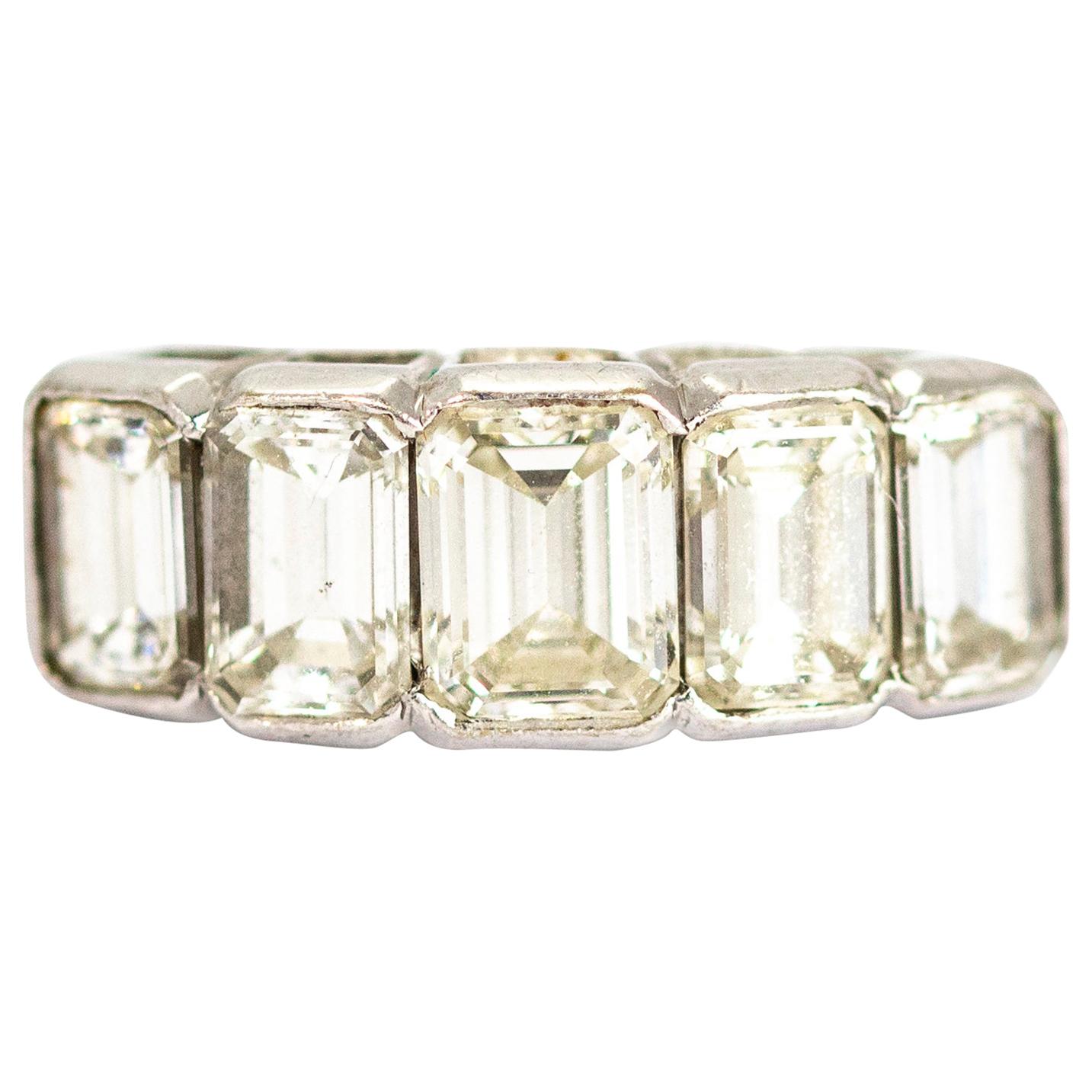 Vintage Emerald Cut Diamond Five-Stone 18 Carat White Gold Band 