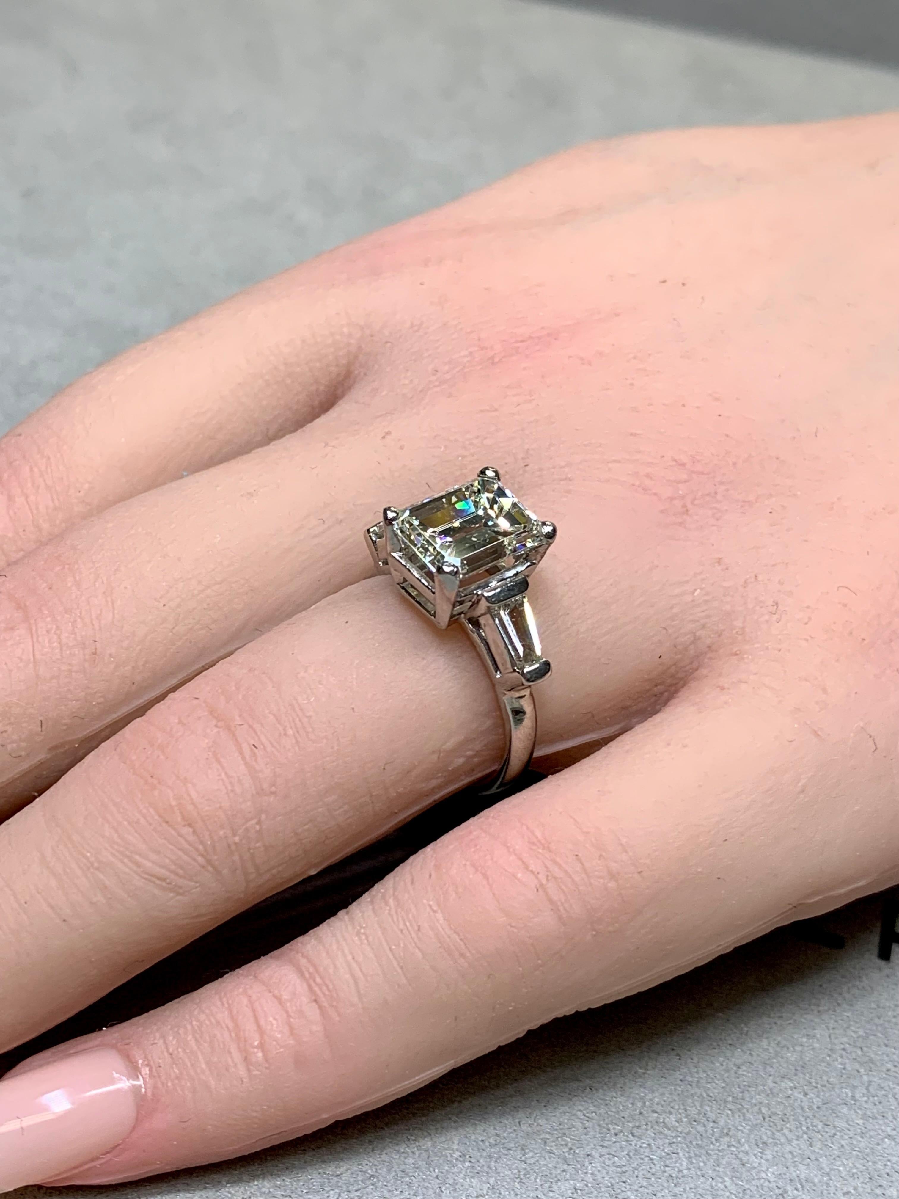 Vintage Emerald Cut Diamond Platinum 3 Stone Engagement Ring 3.64ct J Si1 GIA For Sale 5