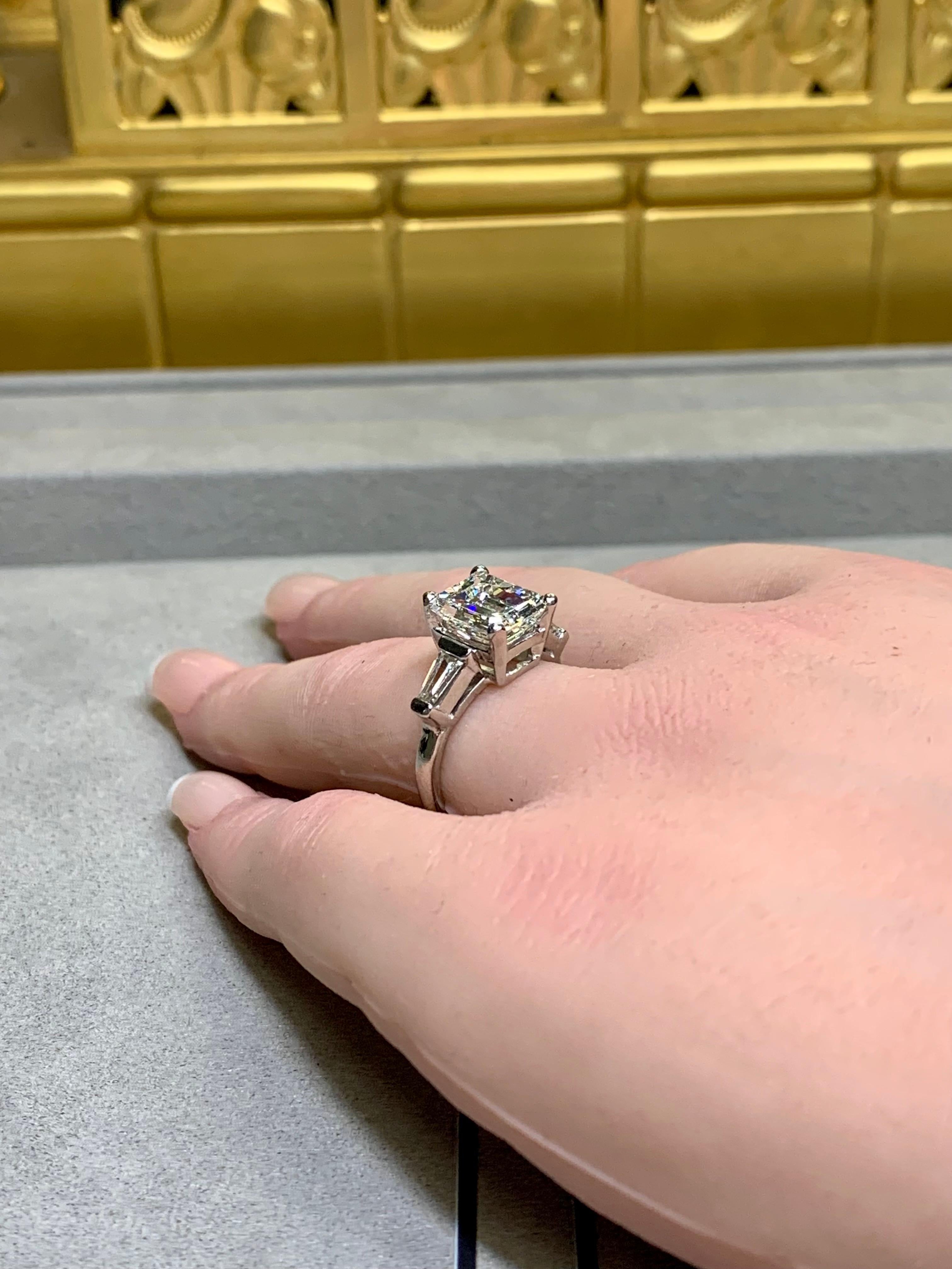 Vintage Emerald Cut Diamond Platinum 3 Stone Engagement Ring 3.64ct J Si1 GIA For Sale 6