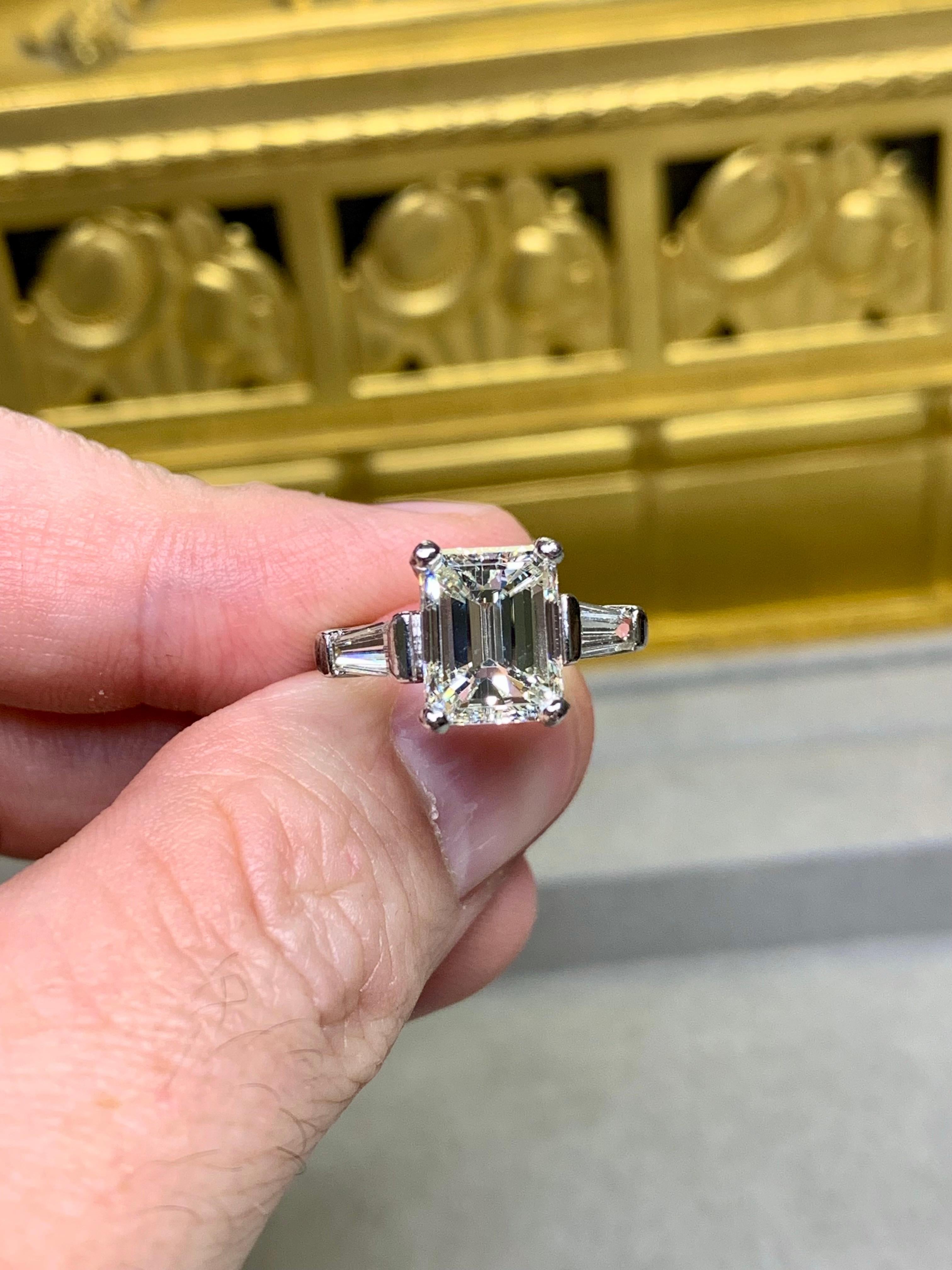 Vintage Emerald Cut Diamond Platinum 3 Stone Engagement Ring 3.64ct J Si1 GIA For Sale 8