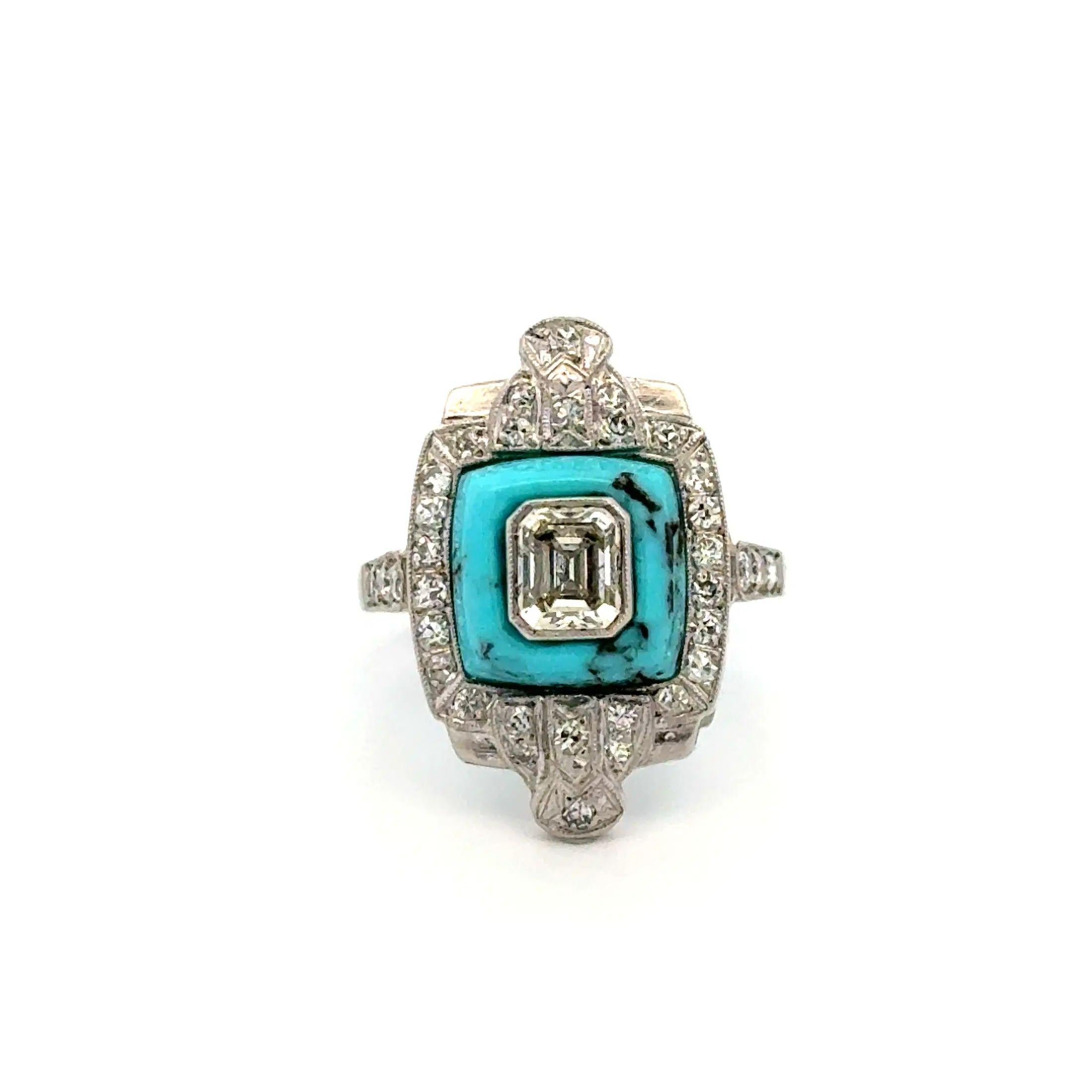 Vintage Smaragdschliff Diamant in Türkis und Diamant Surround Platin Ring gesetzt (Gemischter Schliff) im Angebot