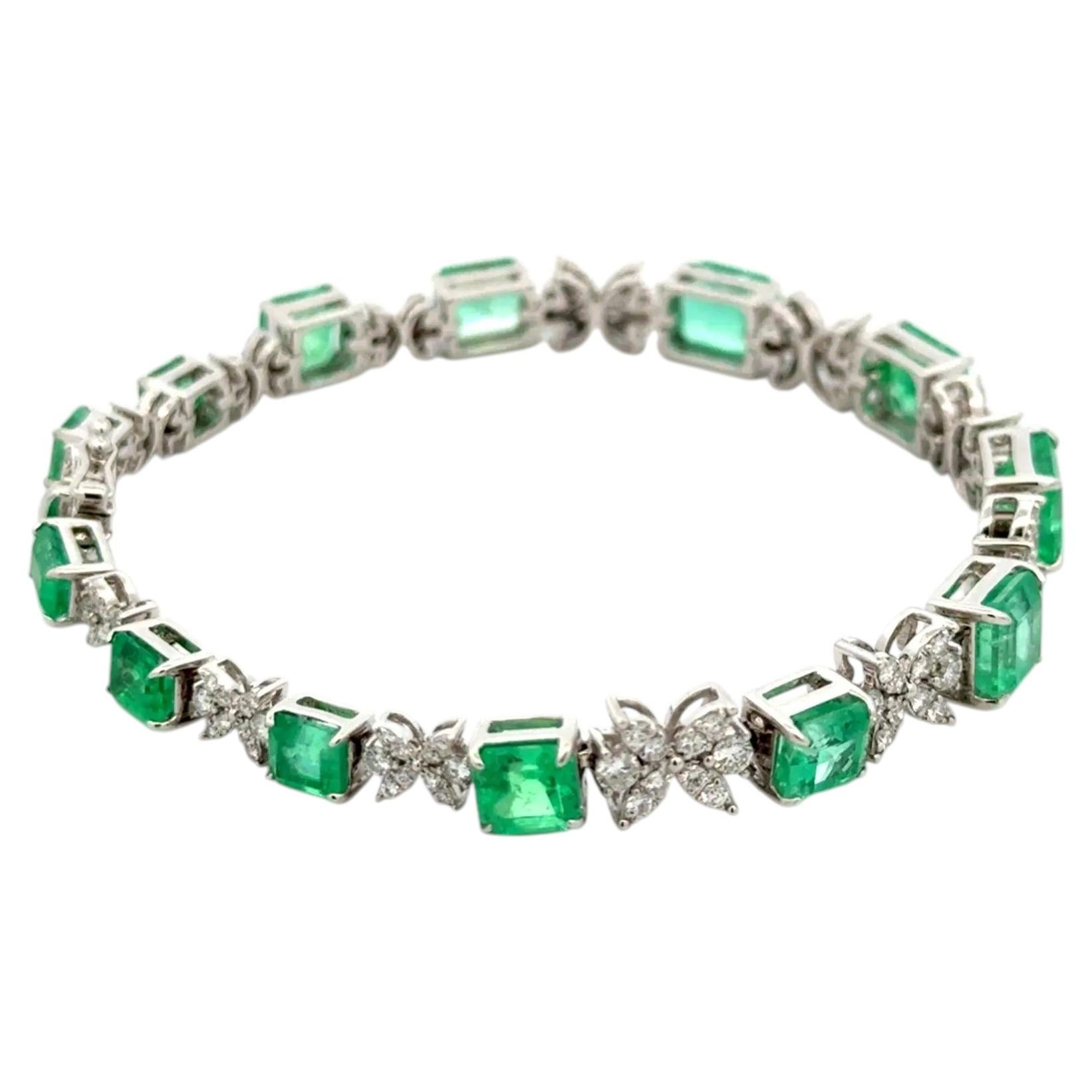 Vintage Emerald-Cut Emerald and Diamond Gold Statement Bracelet For Sale