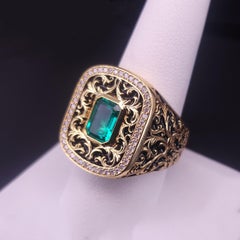 Vintage Emerald Cut Emerald Diamond Ring with Black Enamel in 14K Yellow Gold