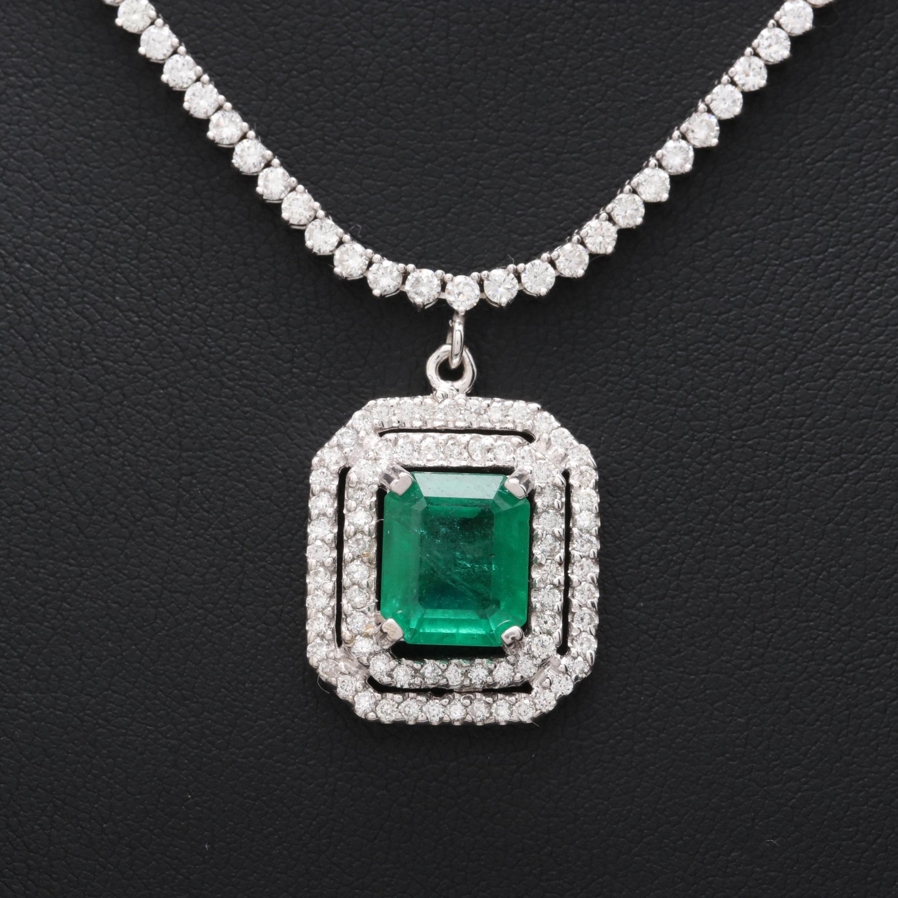 Vintage Emerald Cut Emerald Diamonds Necklace, Unique Natural Emerald Diamond Necklace,  Diamond Wedding Necklace
 
 Item Description
 → Handmade, Made to order
 → Material: SOLID 18K/18K GOLD
 
 
 Stone Details
 
 → Primary Stone(s) Type: Emerald
