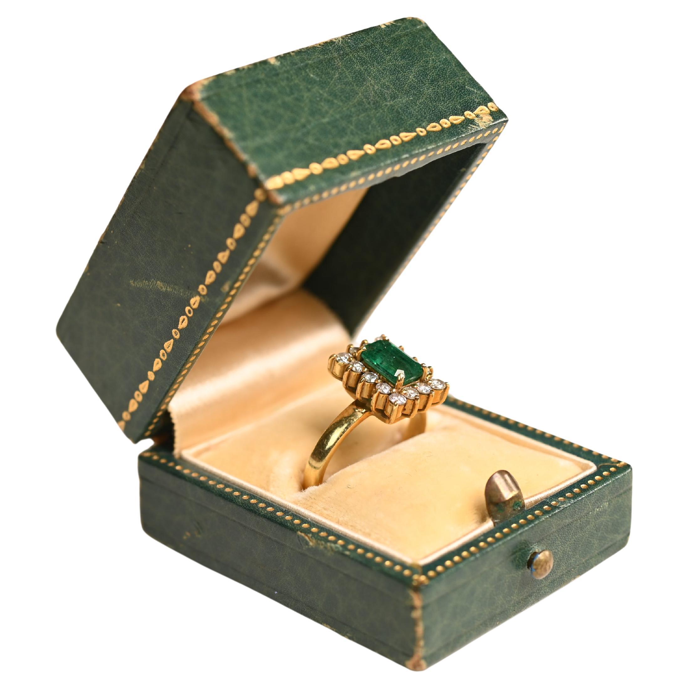 Vintage Emerald Cut Emerald With Diamond Halo (Approx 0.80-Carats), Yellow  Gold For Sale