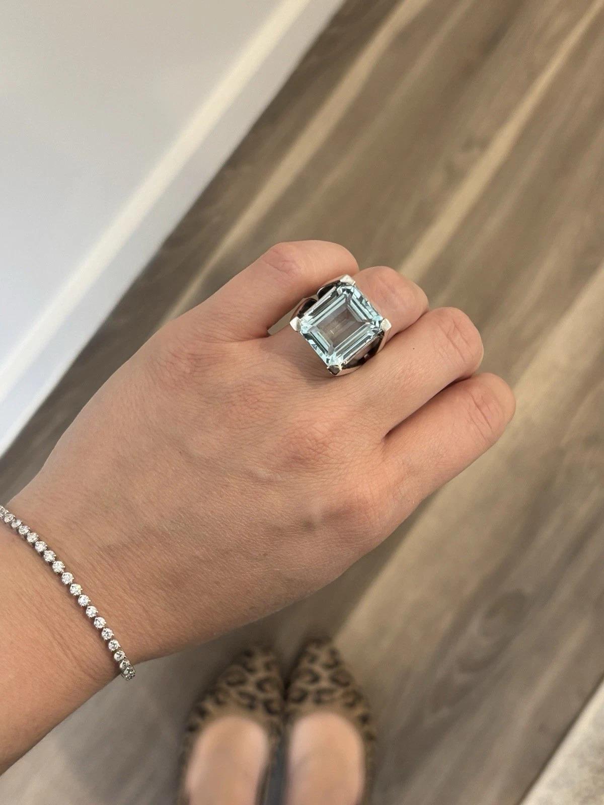 Anello vintage in argento con acquamarina naturale taglio smeraldo da 18,20 carati, misura 8 in vendita 6