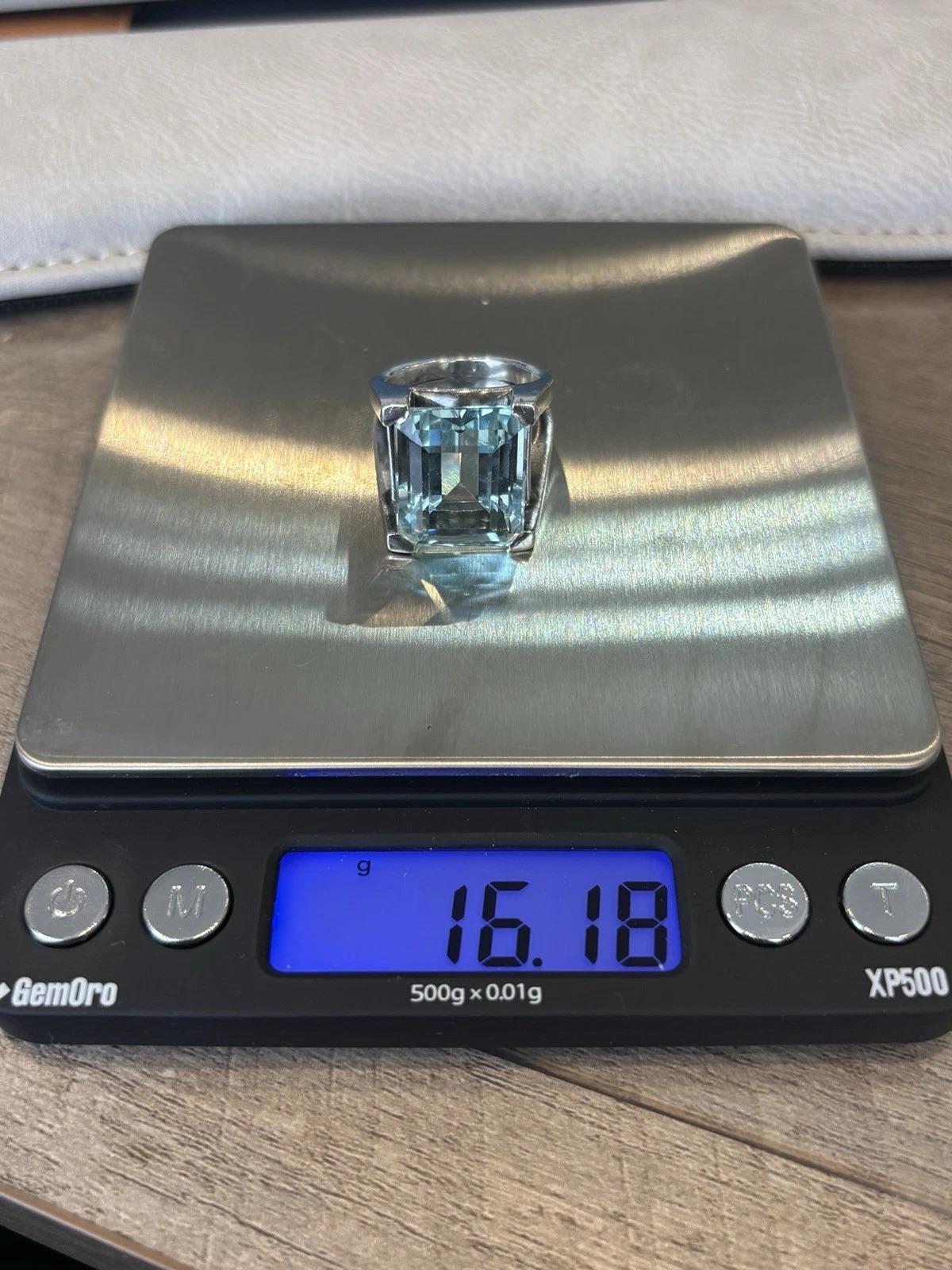 Anello vintage in argento con acquamarina naturale taglio smeraldo da 18,20 carati, misura 8 in vendita 4