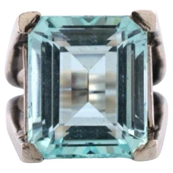 Anello vintage in argento con acquamarina naturale taglio smeraldo da 18,20 carati, misura 8