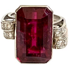 Vintage Emerald Cut Pink Rubellite Tourmaline and Diamond Platinum Ring-size 6.5
