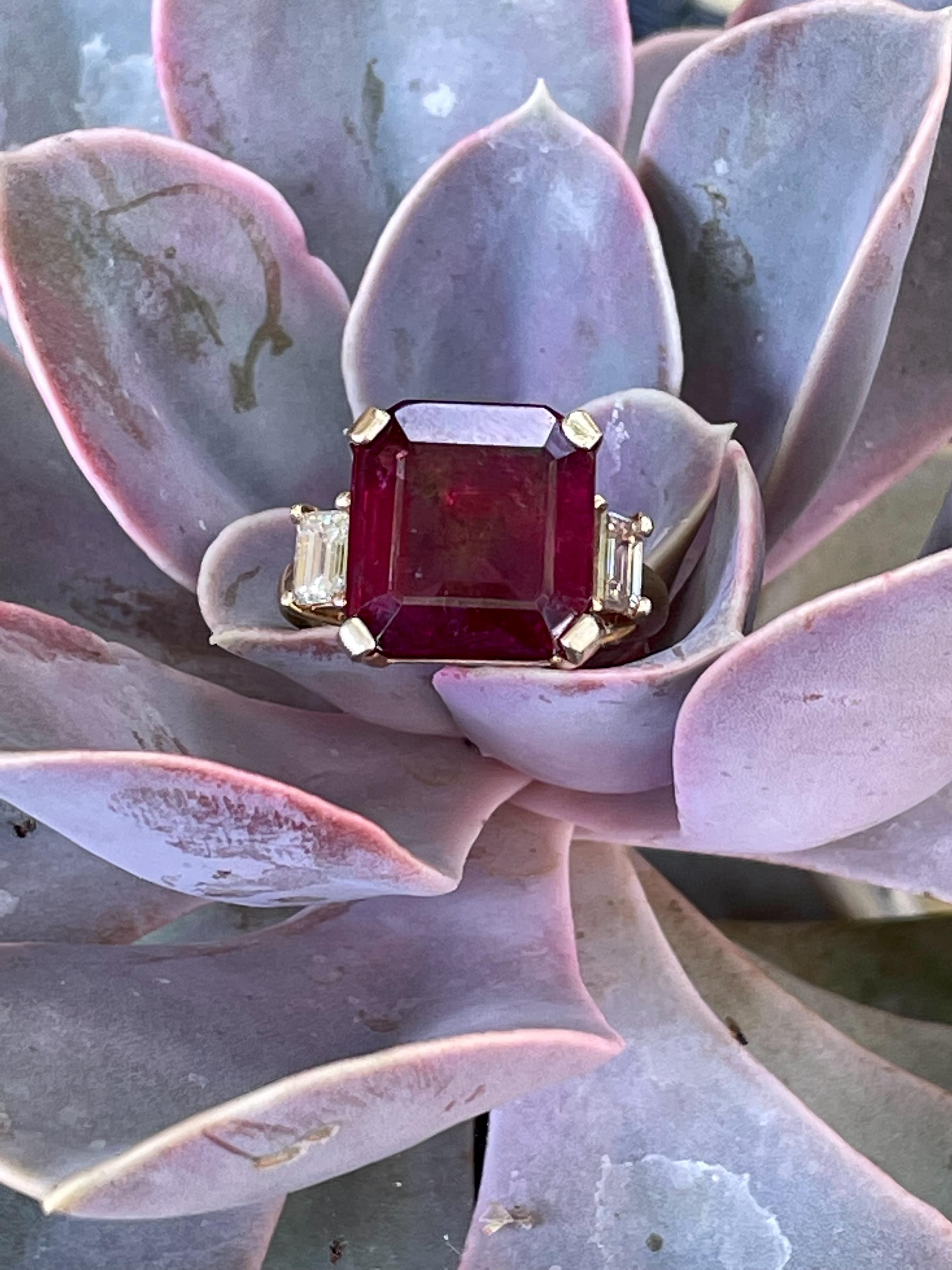 Vintage Emerald Cut Rubellite Tourmaline and Diamond 14 Karat Yellow Gold Ring In Excellent Condition In St. Louis Park, MN