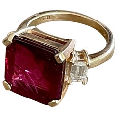 Vintage Emerald Cut Rubellite Tourmaline and Diamond 14 Karat Yellow Gold Ring