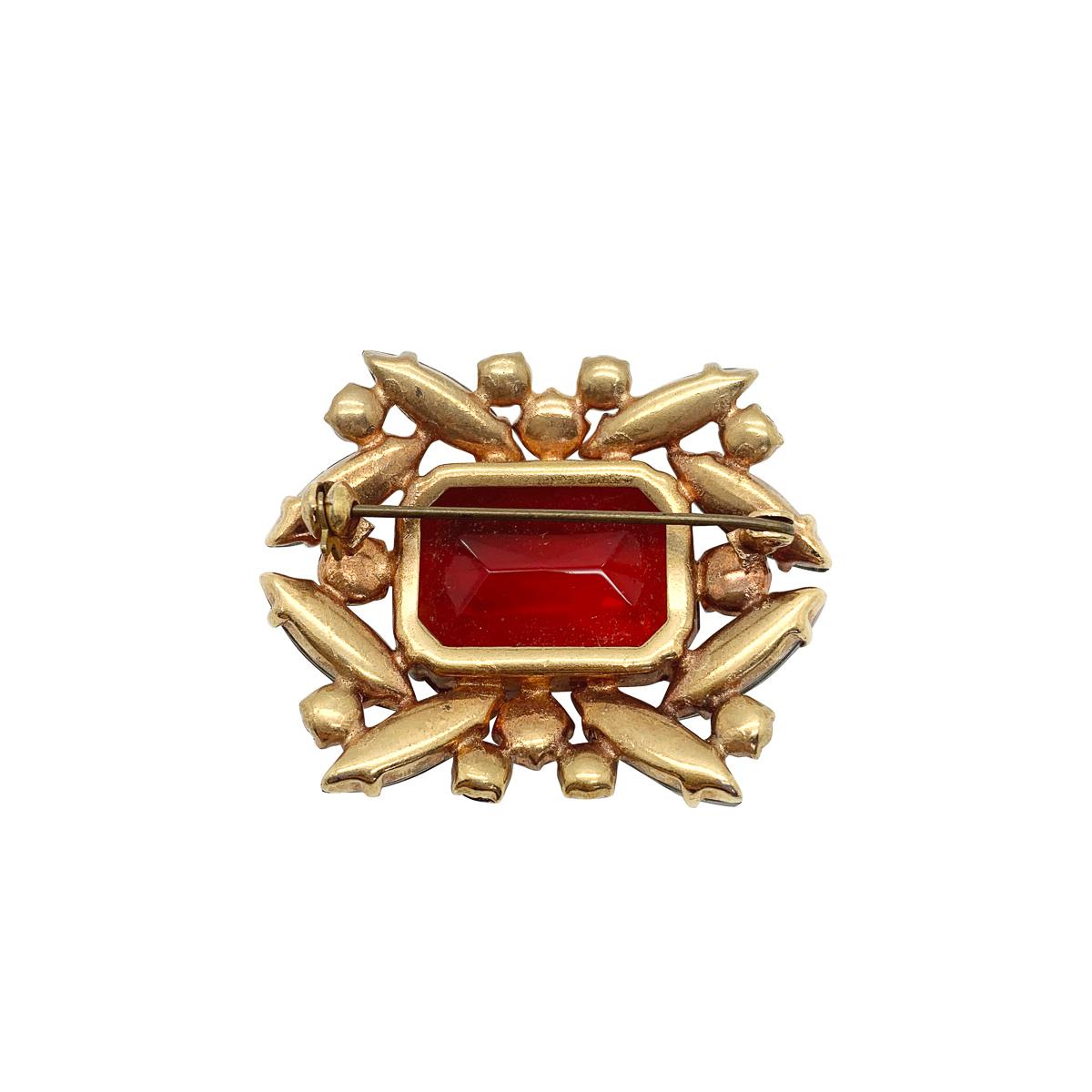 Women's or Men's Vintage Emerald Cut Ruby Crystal Cocktail Brooch 1940s For Sale