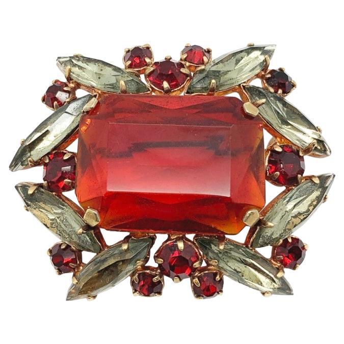 Vintage Emerald Cut Ruby Crystal Cocktail Brooch 1940s For Sale