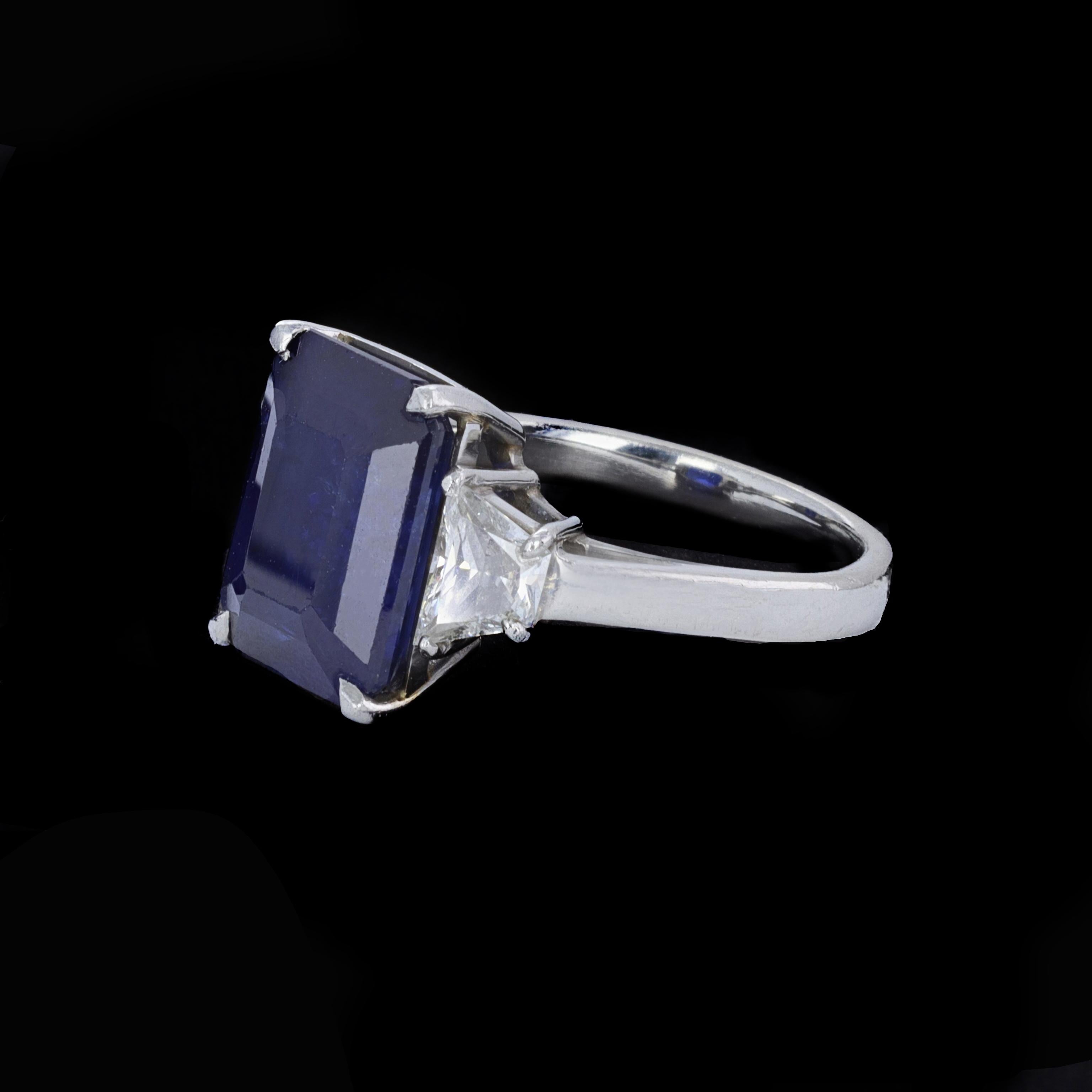 Romantic Vintage Emerald Cut Sapphire and Diamond Ring For Sale