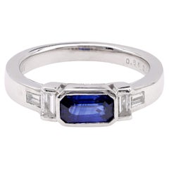 Vintage Emerald Cut Sapphire Diamond 18K White Gold Ring