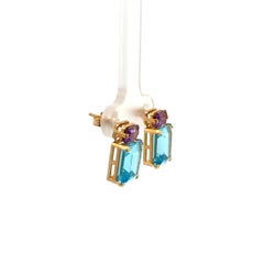 Vintage Emerald Cut Topaz and Amethyst Gold Stud Earrings.