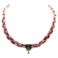Vintage Emerald Cut Tourmaline Garnet Diamonds Necklace