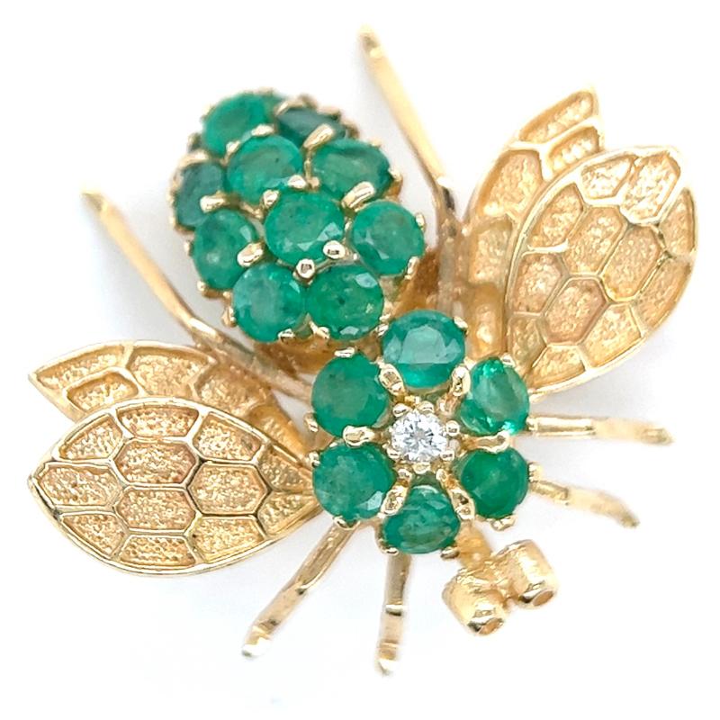 Broche Vintage En Or 14K - Abeille Avec émeraudes Et Diamants - Bijou De Collection