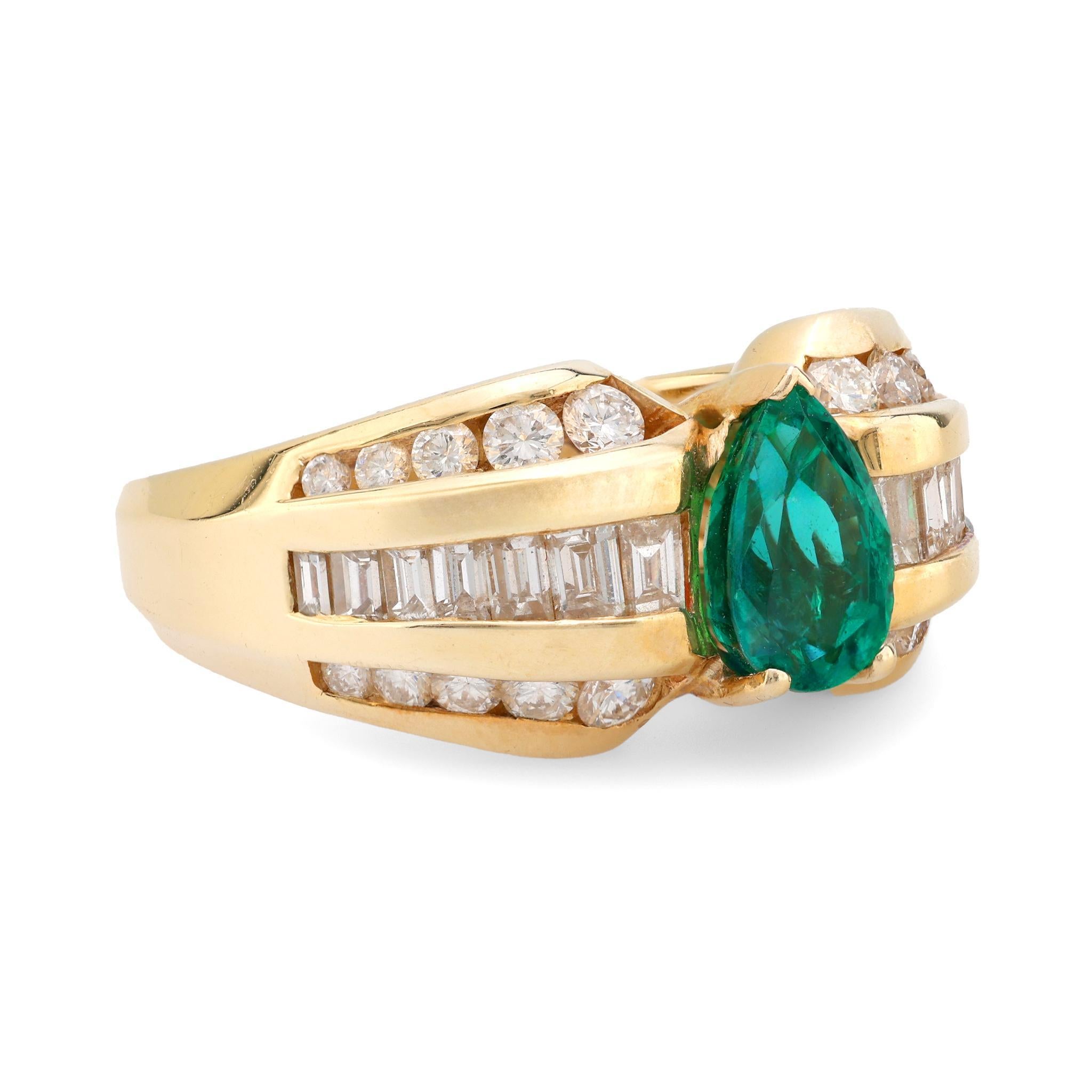 Modern Vintage emerald diamond 14k yellow gold ring