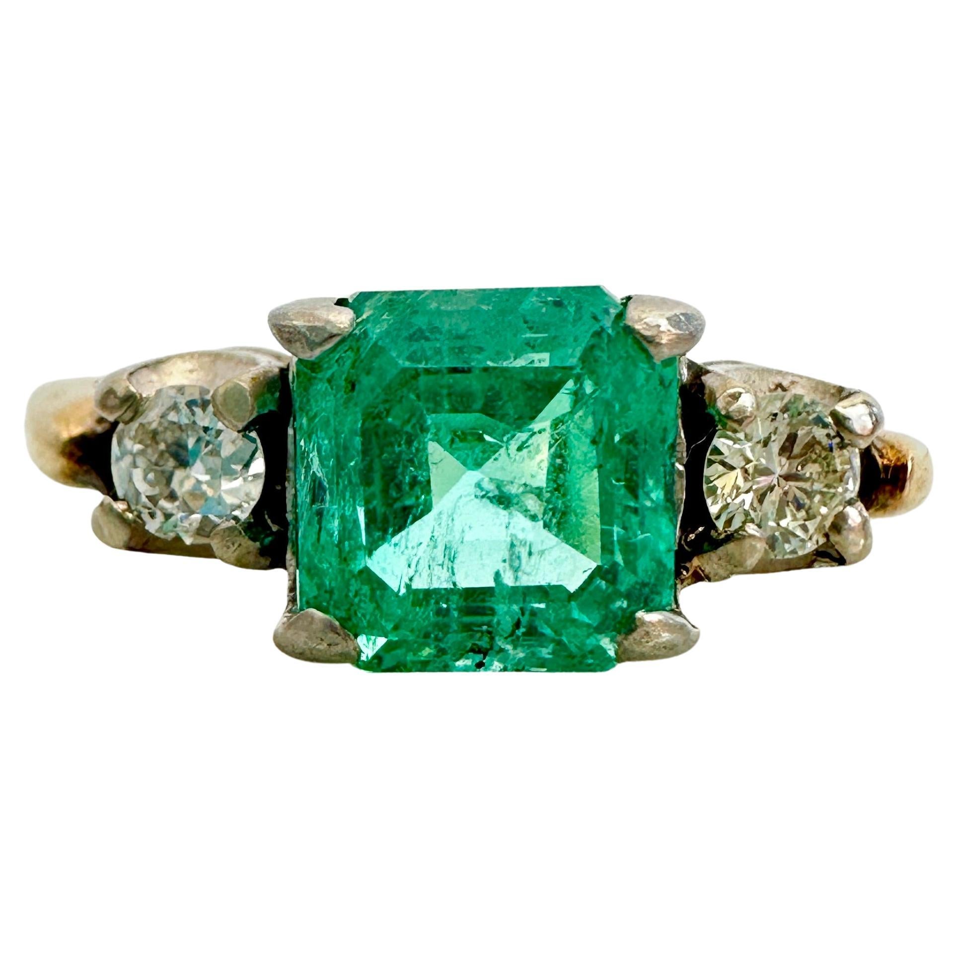 Vintage 1.22ct Emerald & Diamond 14K Yellow Gold Ring