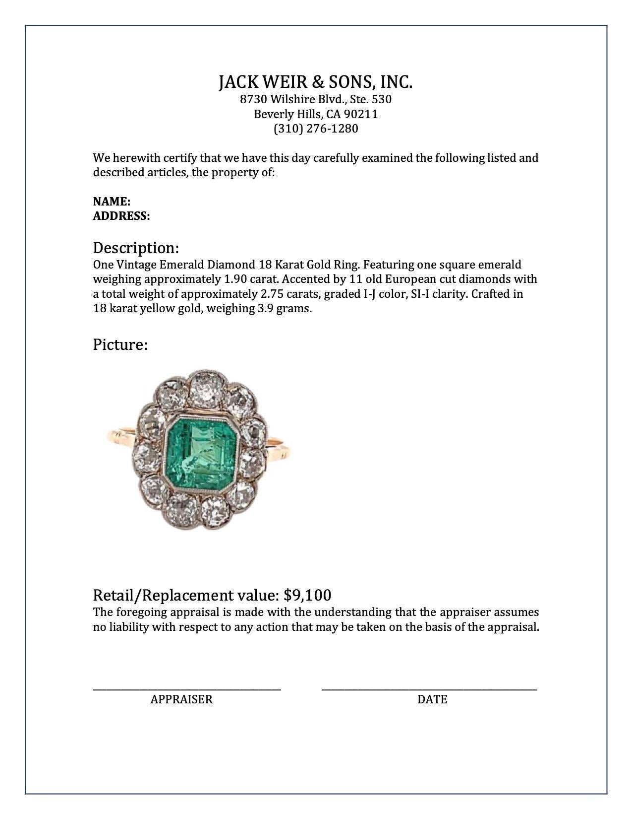 Vintage Emerald Diamond 18 Karat Gold Ring 1