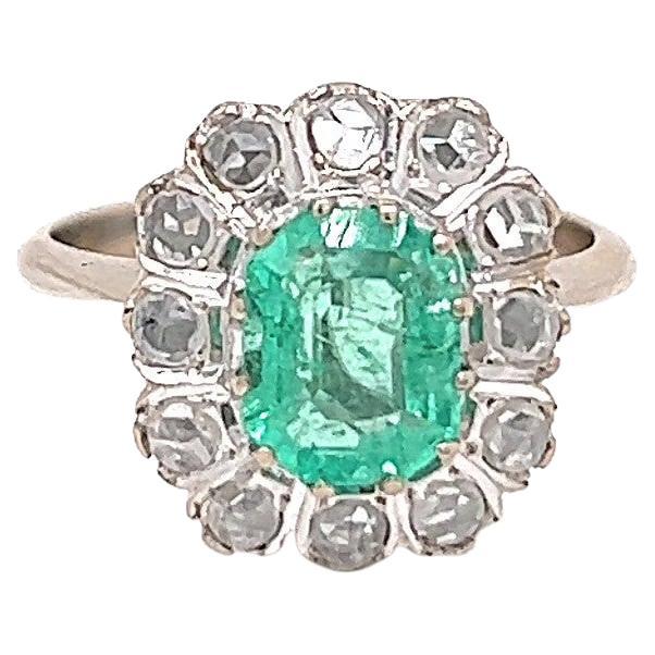 Vintage 1.15 Carat Emerald Diamond 18 Karat White Gold Cluster Ring For Sale