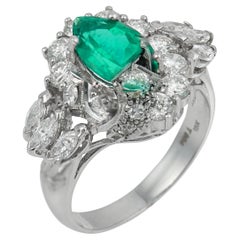 Vintage emerald diamond 18k white gold cocktail ring
