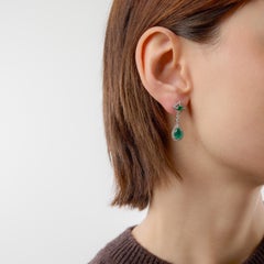 Vintage 1990s 18k White Gold Emerald Diamond Drop Earrings, 1.37"