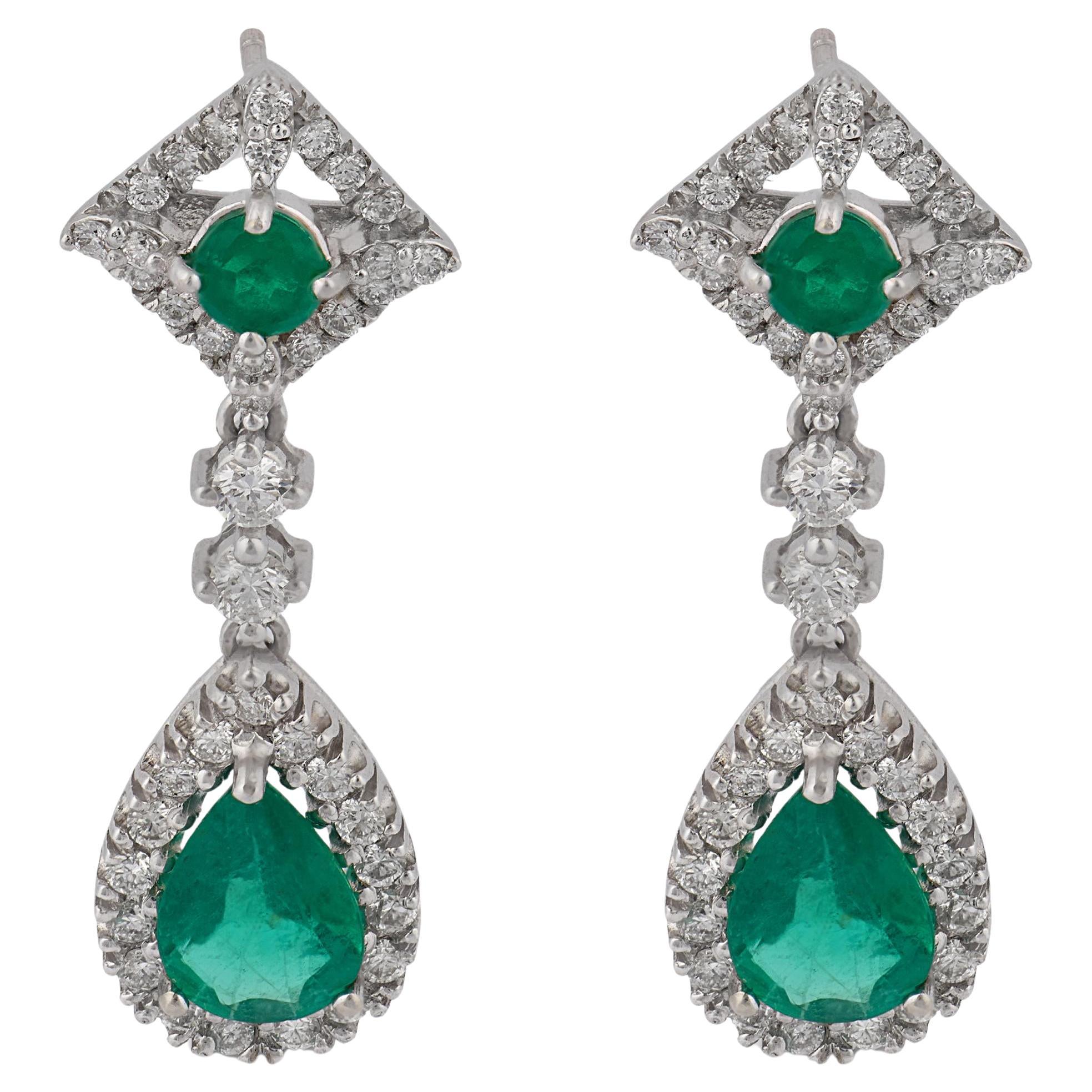 Vintage 1990s 18k White Gold Emerald Diamond Drop Earrings, 1.37" For Sale