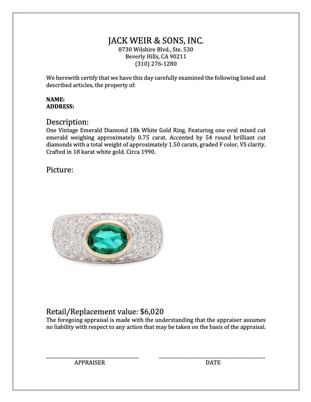 Women's or Men's Vintage Emerald Diamond 18k White Gold Ring