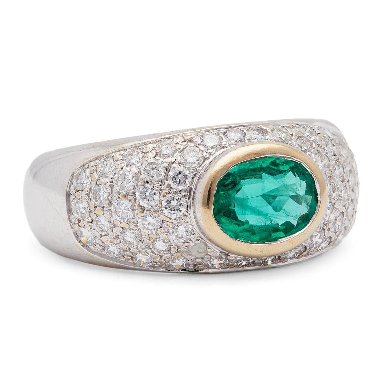 Mixed Cut Vintage Emerald Diamond 18k White Gold Ring