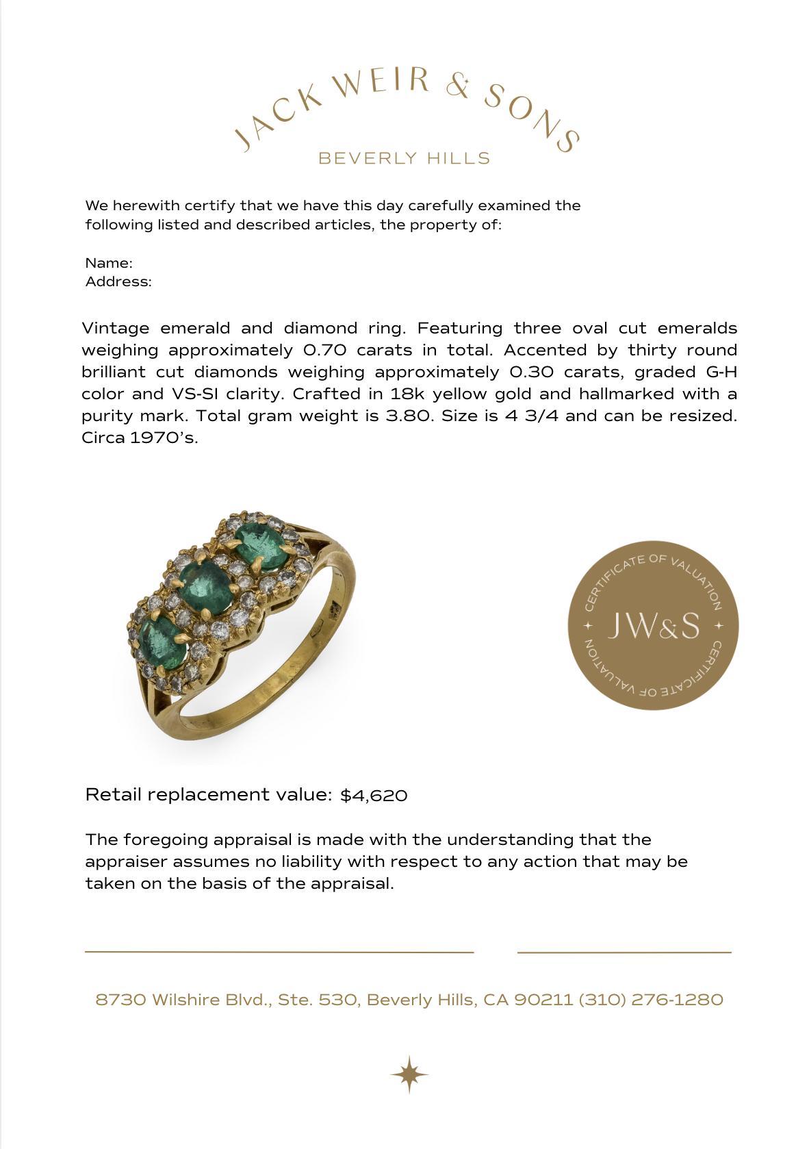 Vintage emerald diamond 18k yellow gold 3 stone ring en vente 2