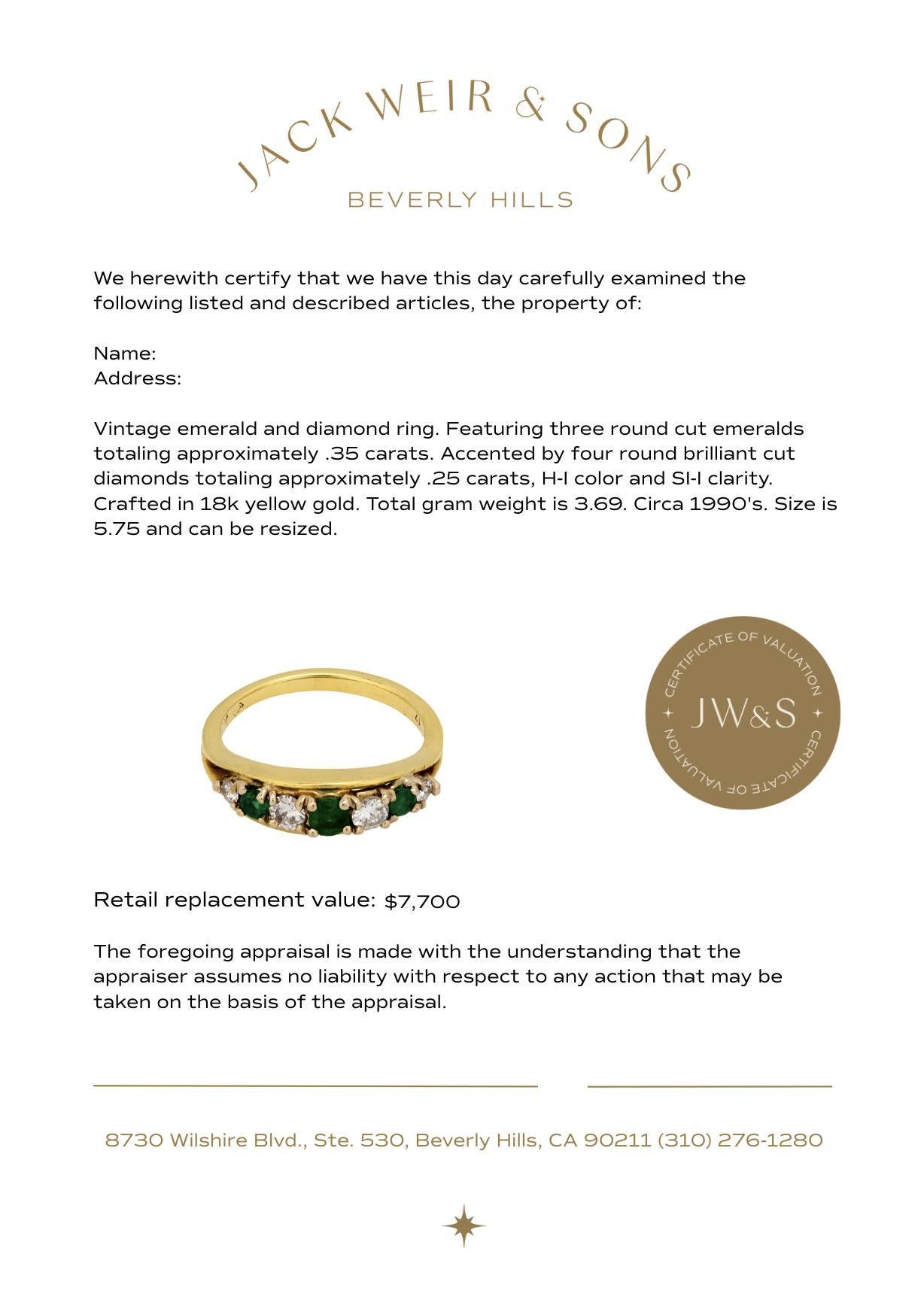 Vintage emerald diamond 18k yellow gold band In Good Condition For Sale In Beverly Hills, CA