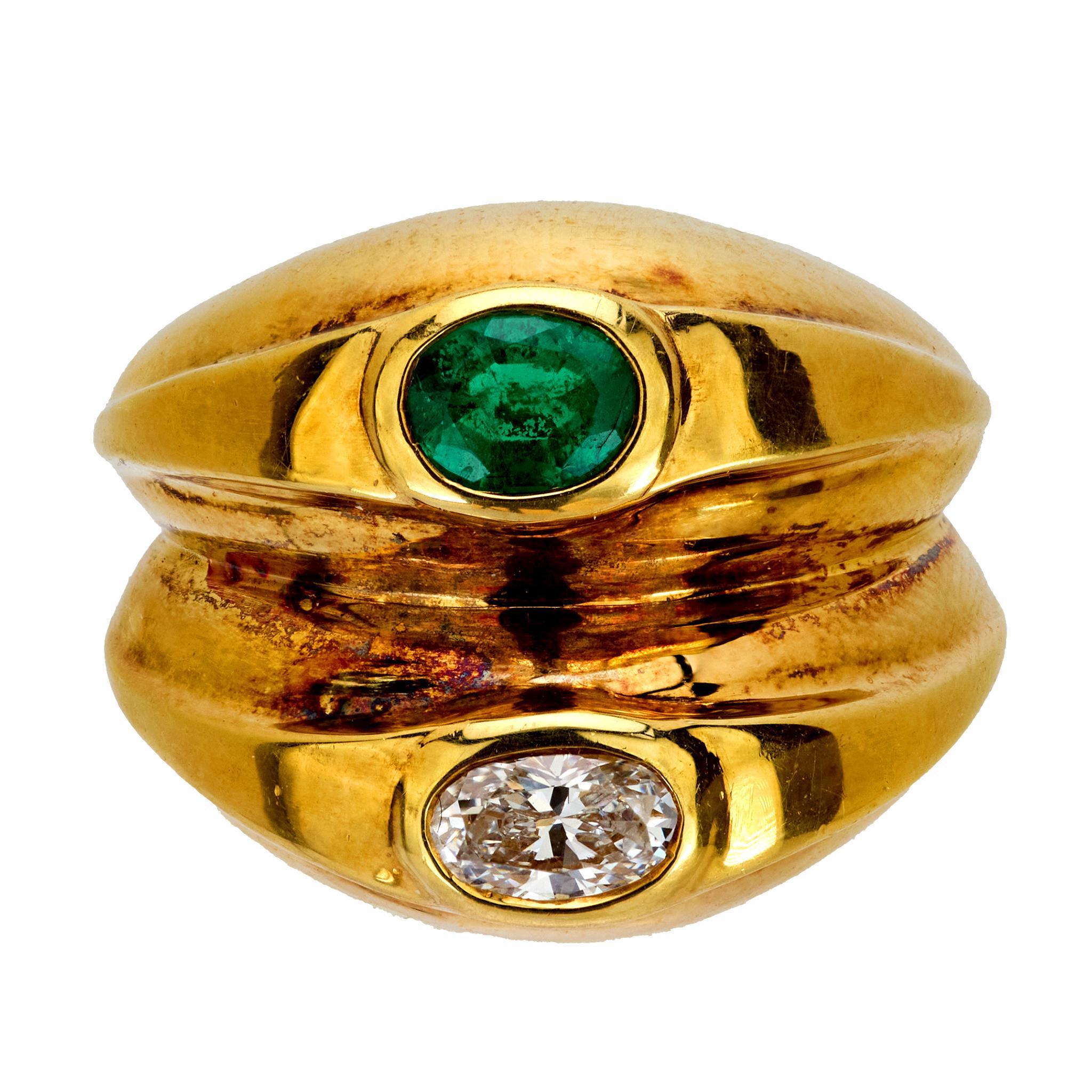 Modern Vintage emerald diamond 18k yellow gold double band