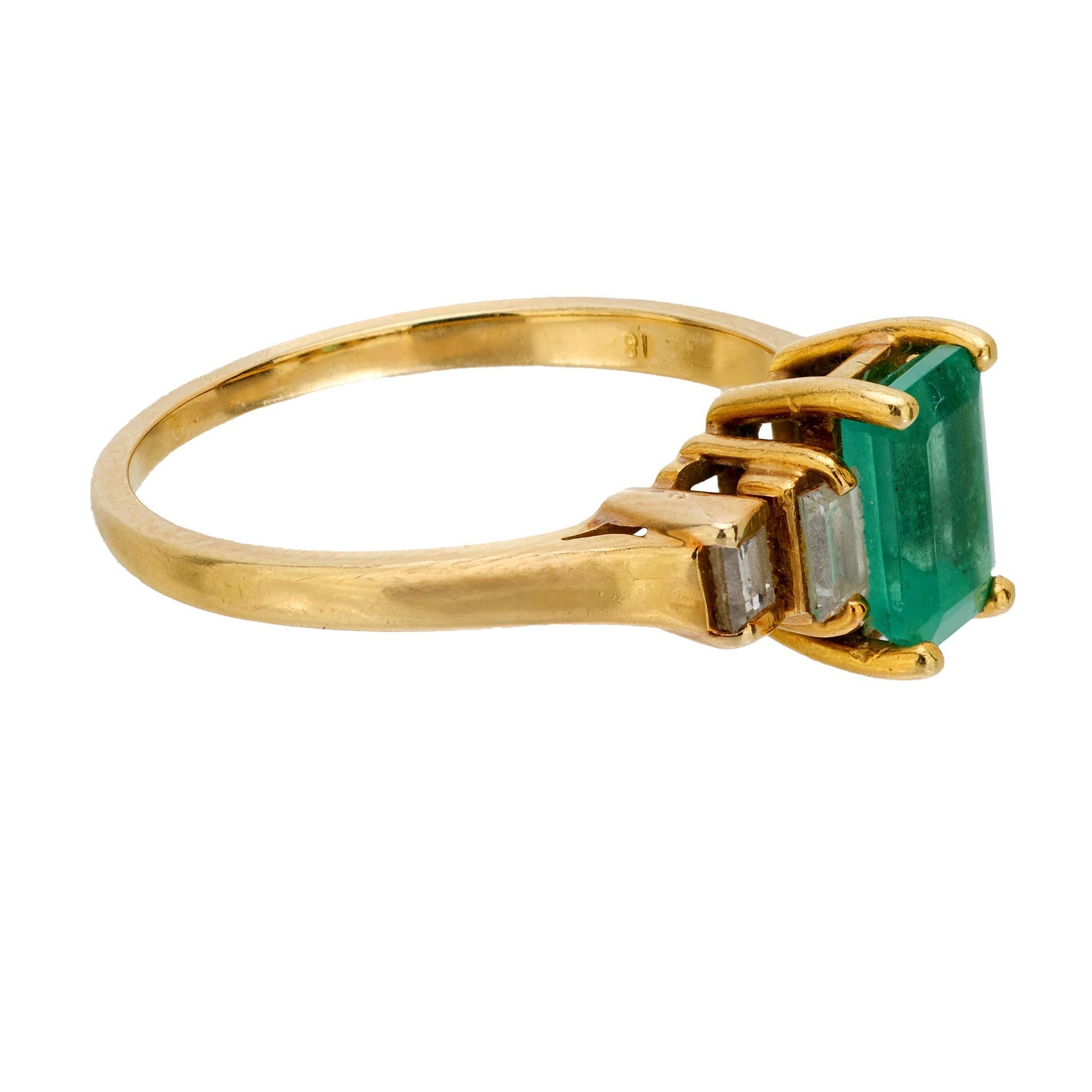 Emerald Cut Vintage emerald diamond 18k yellow gold ring For Sale