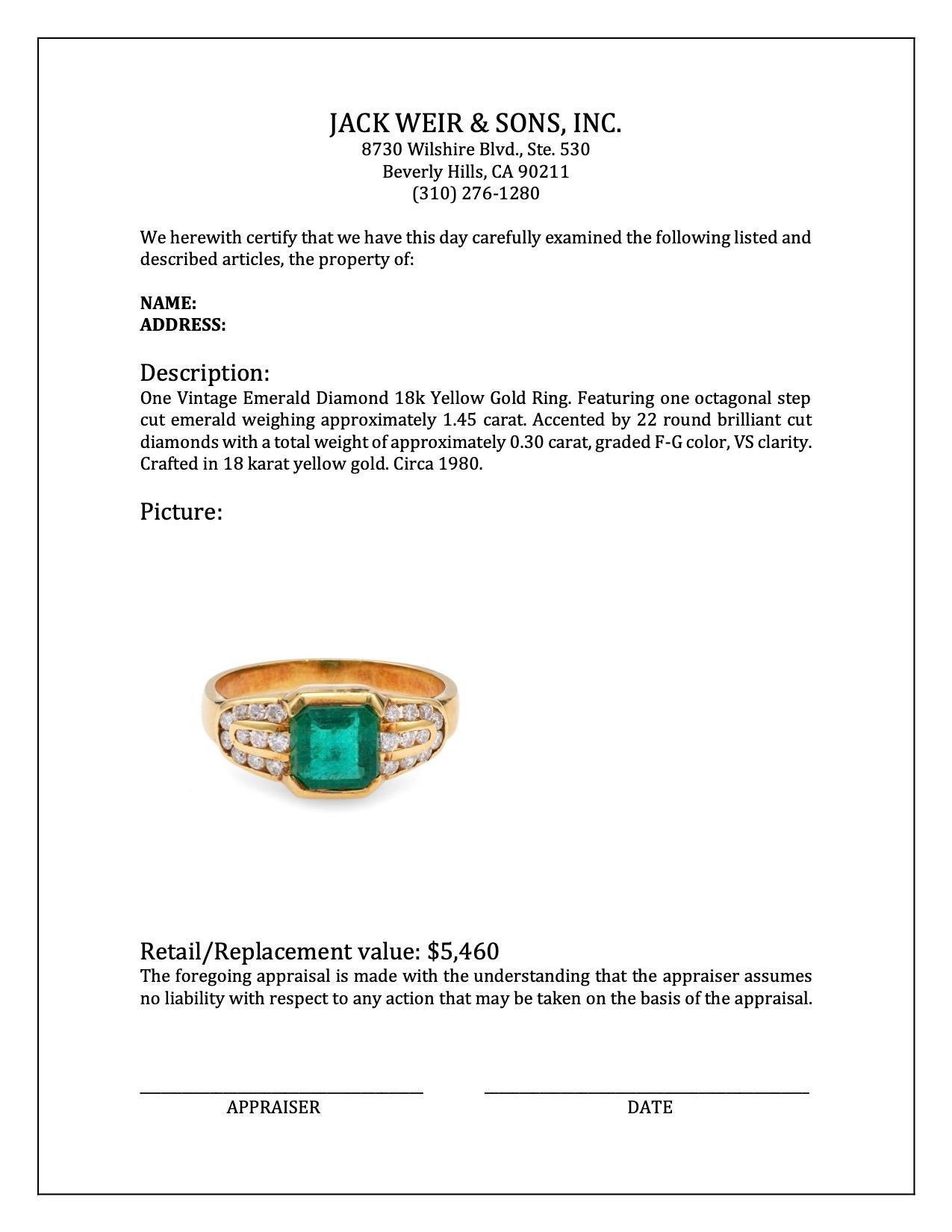 Vintage Emerald Diamond 18k Yellow Gold Ring For Sale 1