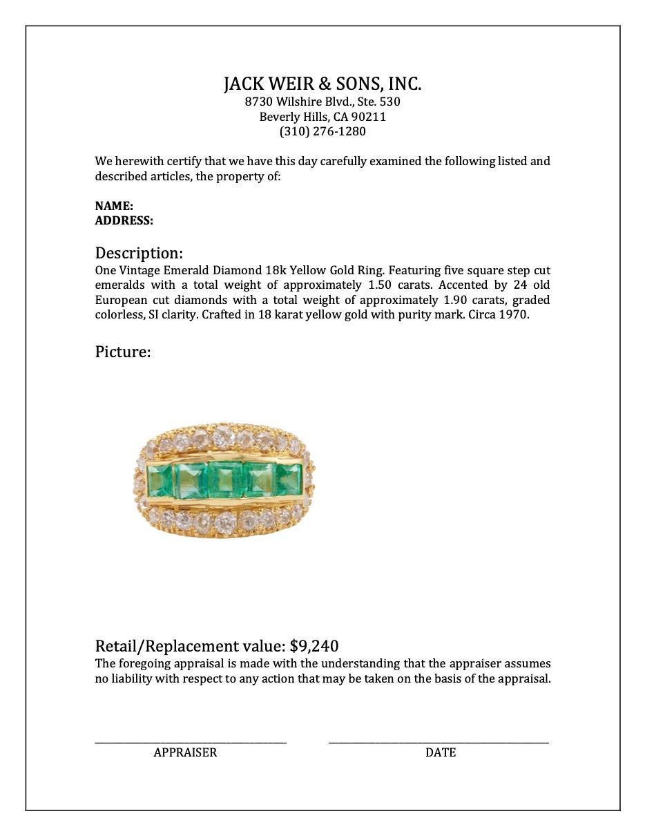 Vintage Emerald Diamond 18k Yellow Gold Ring For Sale 2