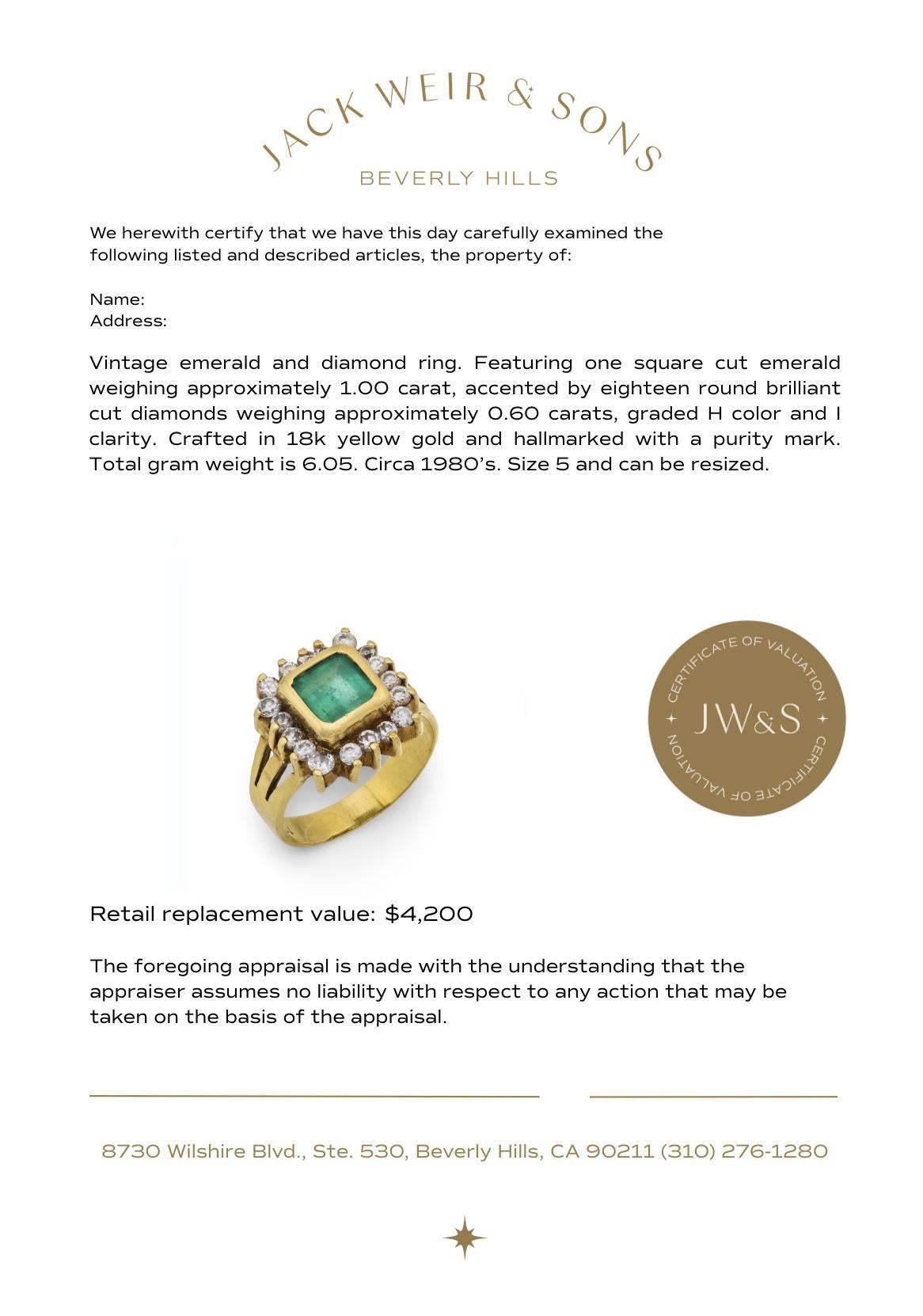 Bague vintage en or jaune 18k avec émeraude et diamant en vente 1