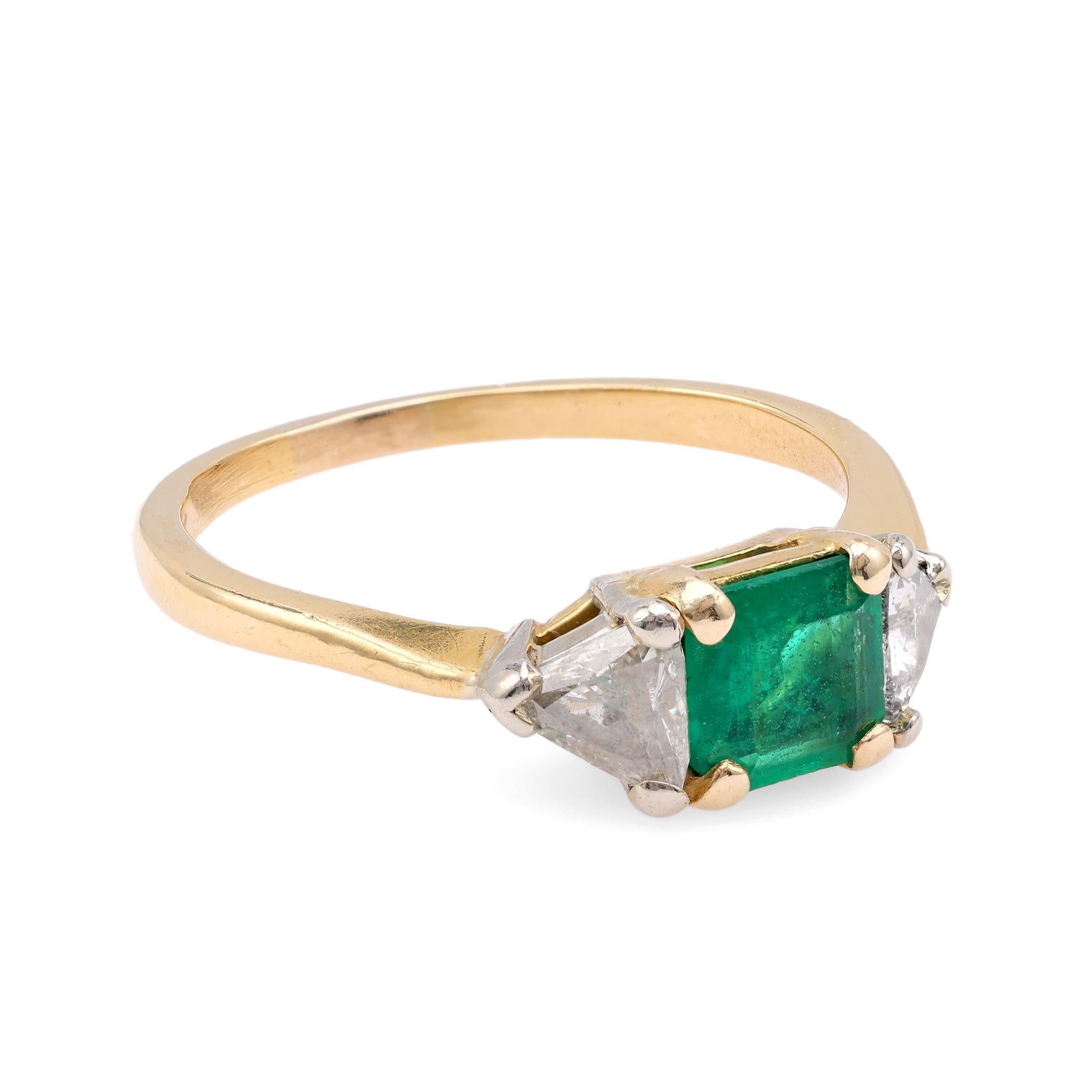 Emerald Cut Vintage Emerald Diamond 18K Yellow Gold Three Stone Ring