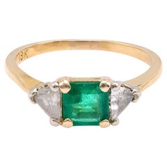 Vintage Emerald Diamond 18K Yellow Gold Three Stone Ring