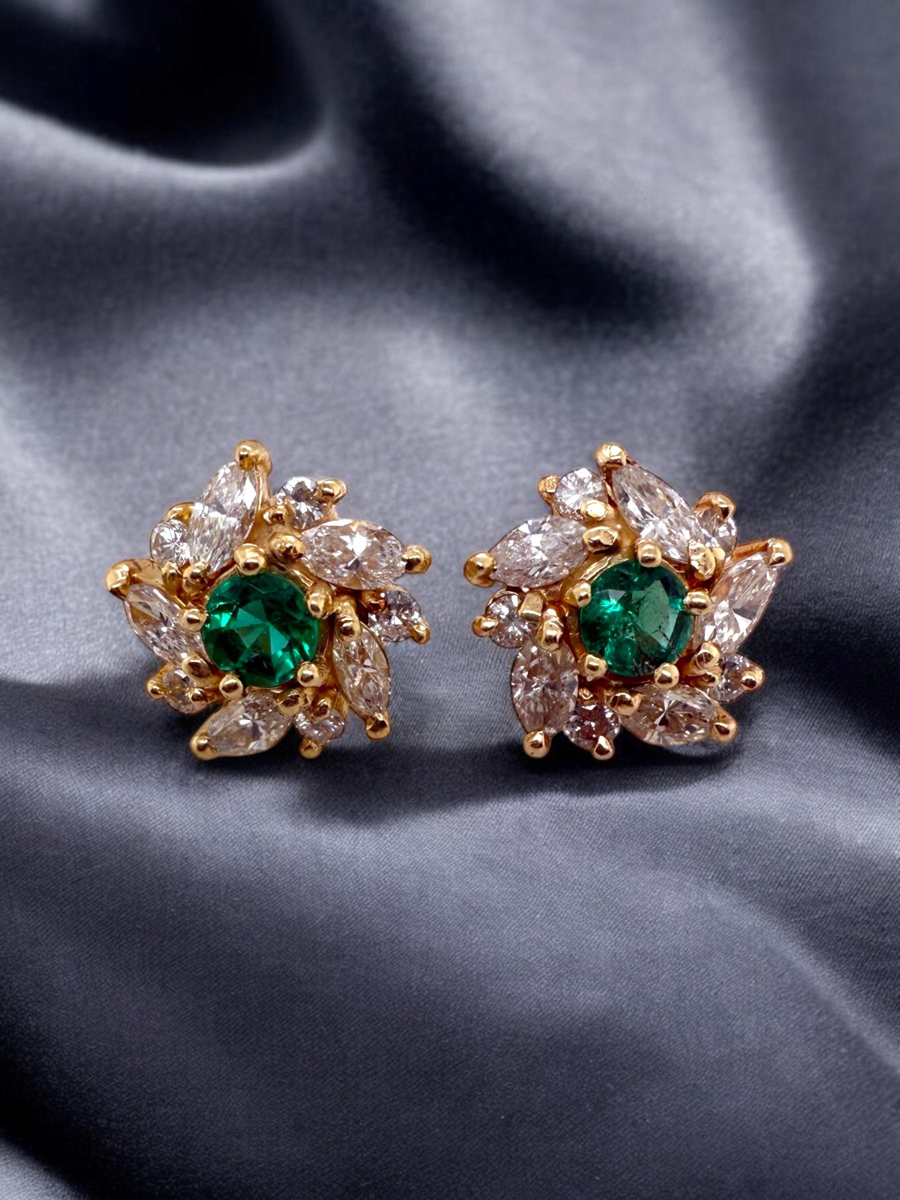 We are loving these unique cluster style earrings!!

Earring Details
Material: 14K Yellow Gold
Back Type: Screw Back
Earring Width: 12mm
Weight: 3.5 Grams

Accented by the following gemstones
2 - 4.2mmRound Cut Emerald Gemstones; Estimated Gemstone