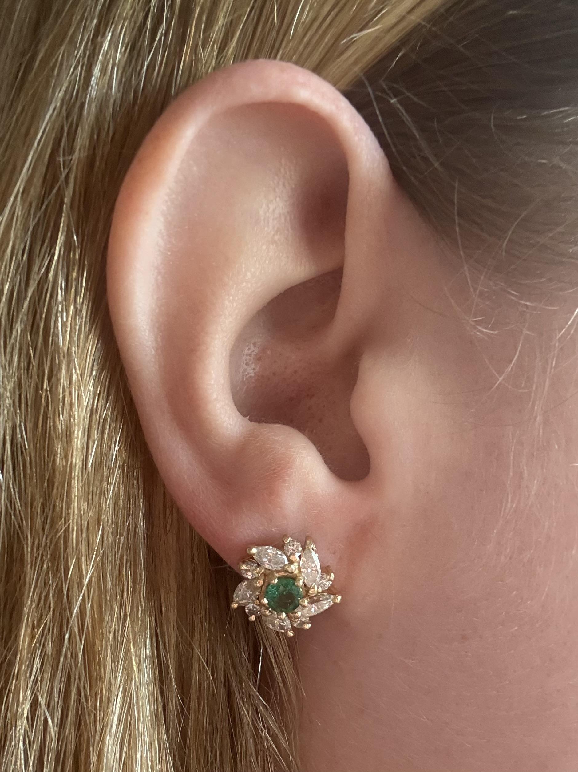 Round Cut Vintage Emerald & Diamond 2 Carat Cluster Earrings 14K Yellow Gold