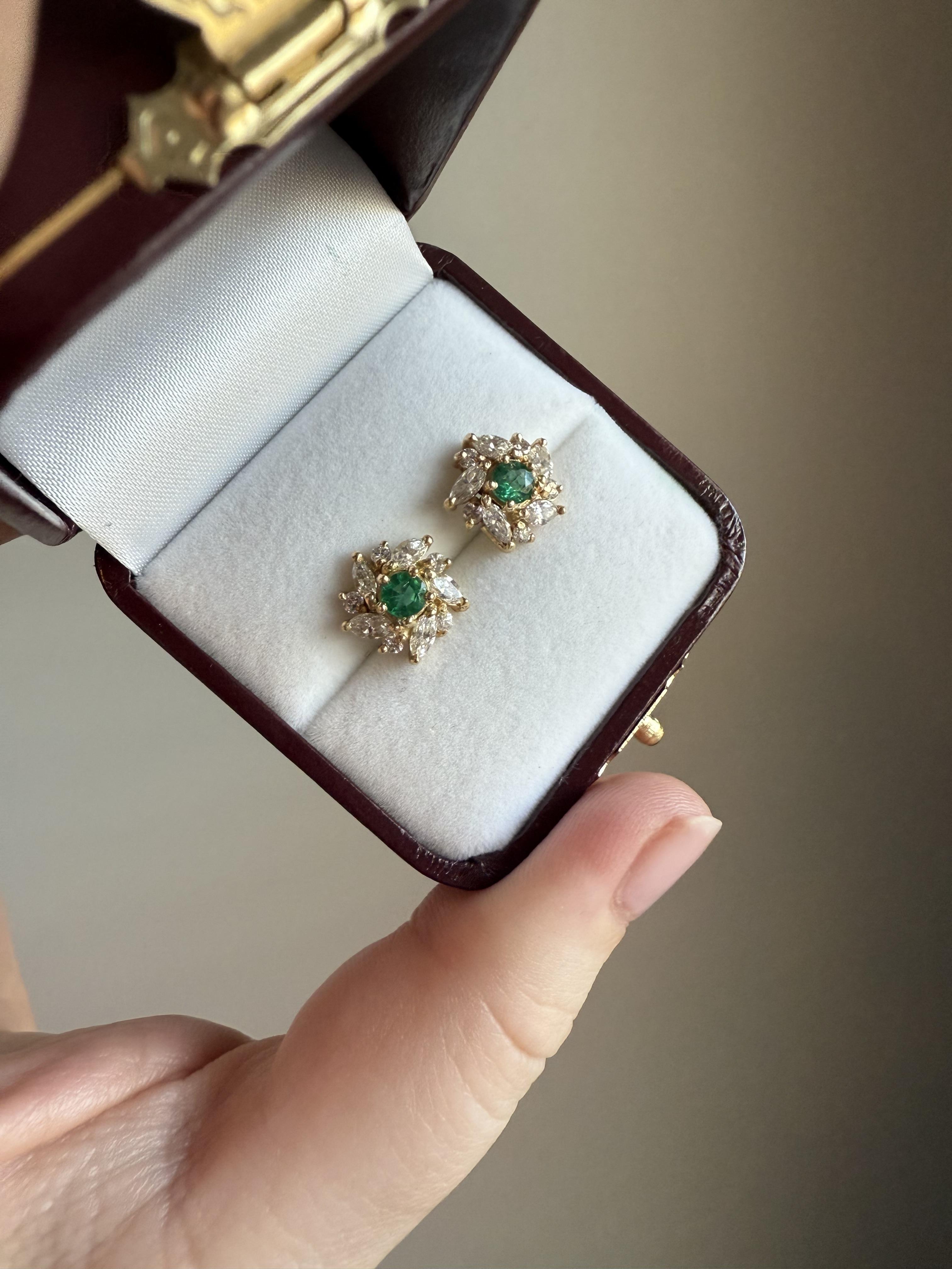 Vintage Emerald & Diamond 2 Carat Cluster Earrings 14K Yellow Gold In Good Condition In Montgomery, AL