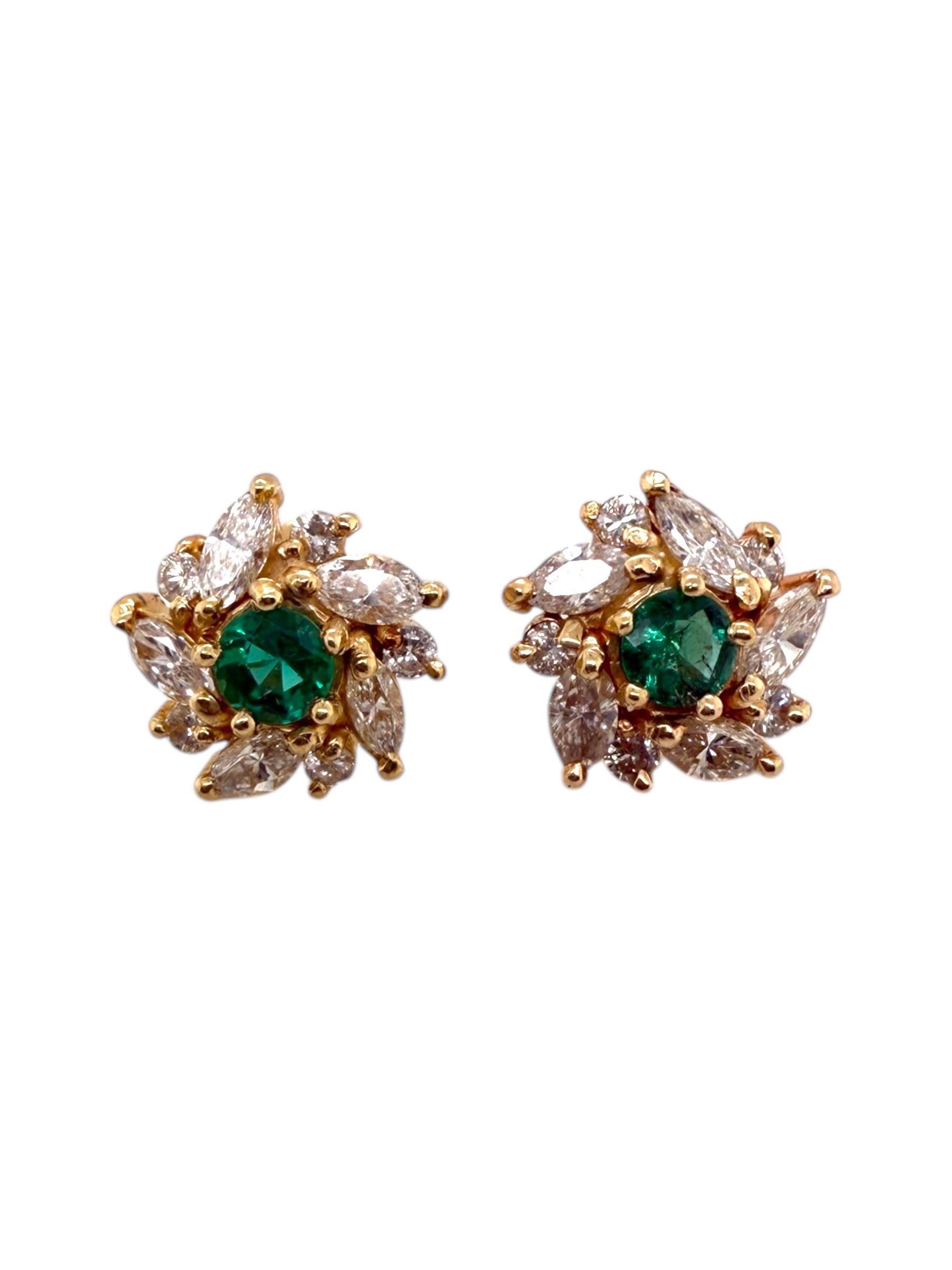 Women's Vintage Emerald & Diamond 2 Carat Cluster Earrings 14K Yellow Gold
