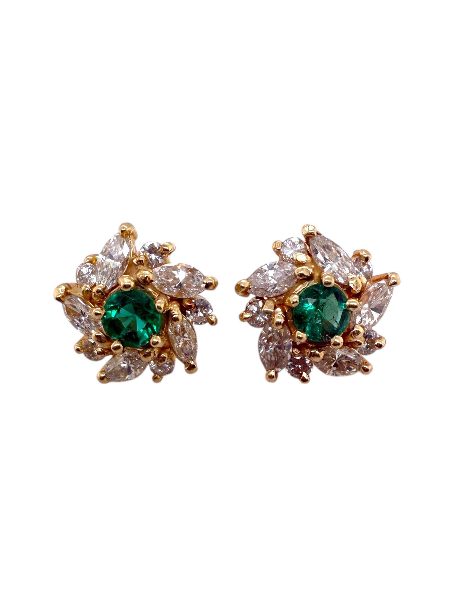Vintage Emerald & Diamond 2 Carat Cluster Earrings 14K Yellow Gold 1
