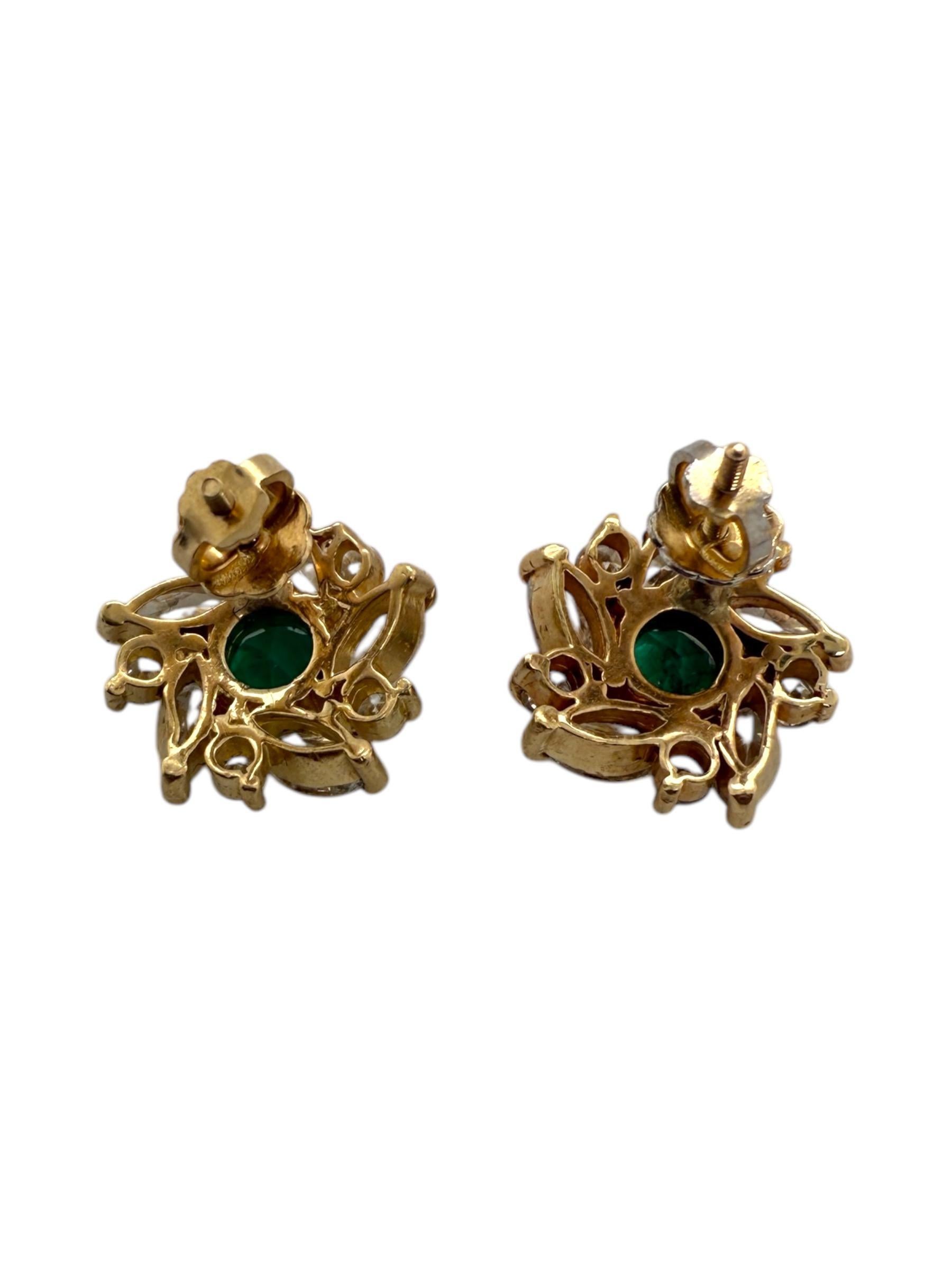 Vintage Emerald & Diamond 2 Carat Cluster Earrings 14K Yellow Gold 2
