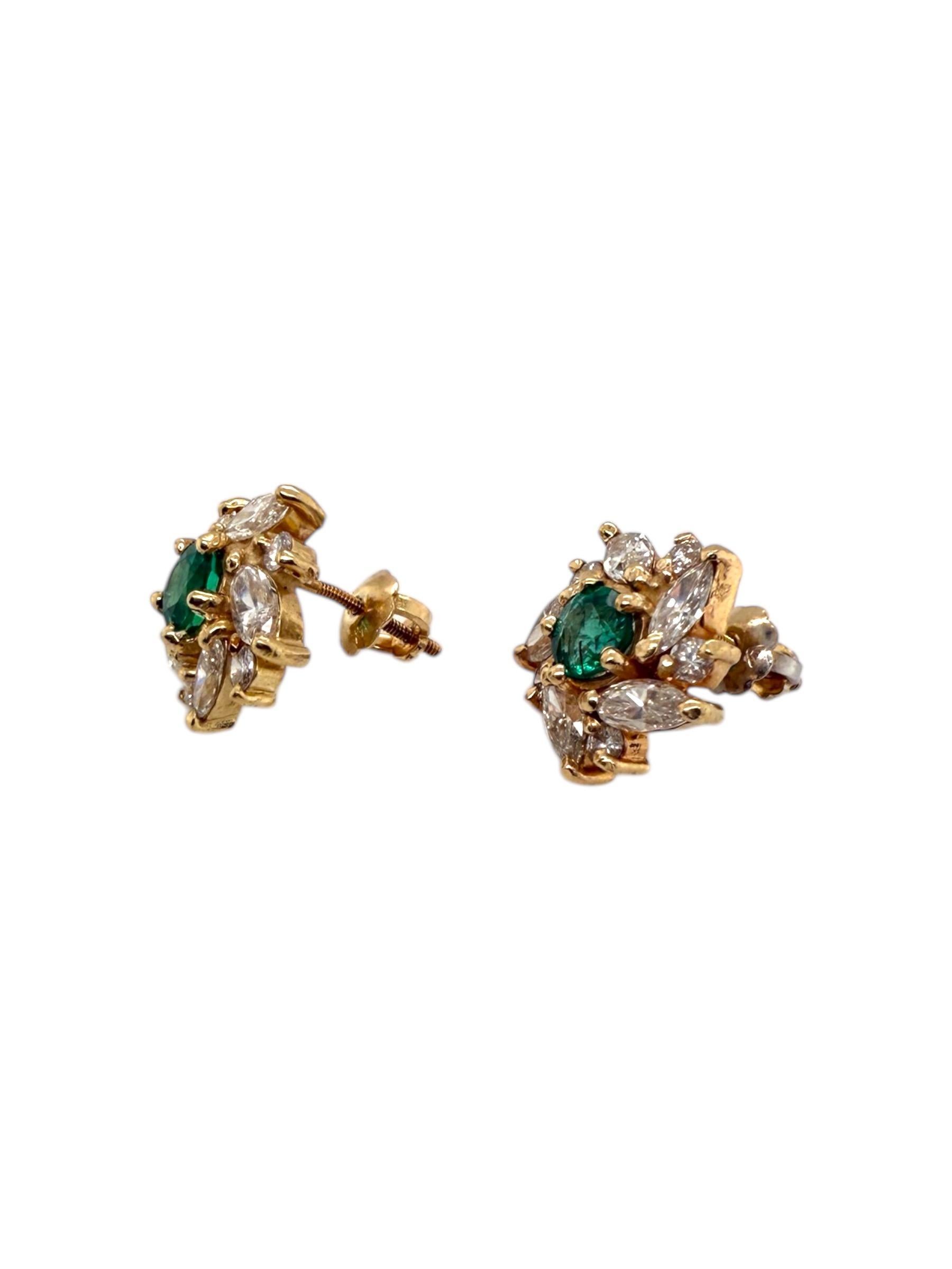 Vintage Emerald & Diamond 2 Carat Cluster Earrings 14K Yellow Gold 3