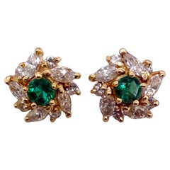 Vintage Emerald & Diamond 2 Carat Cluster Earrings 14K Yellow Gold